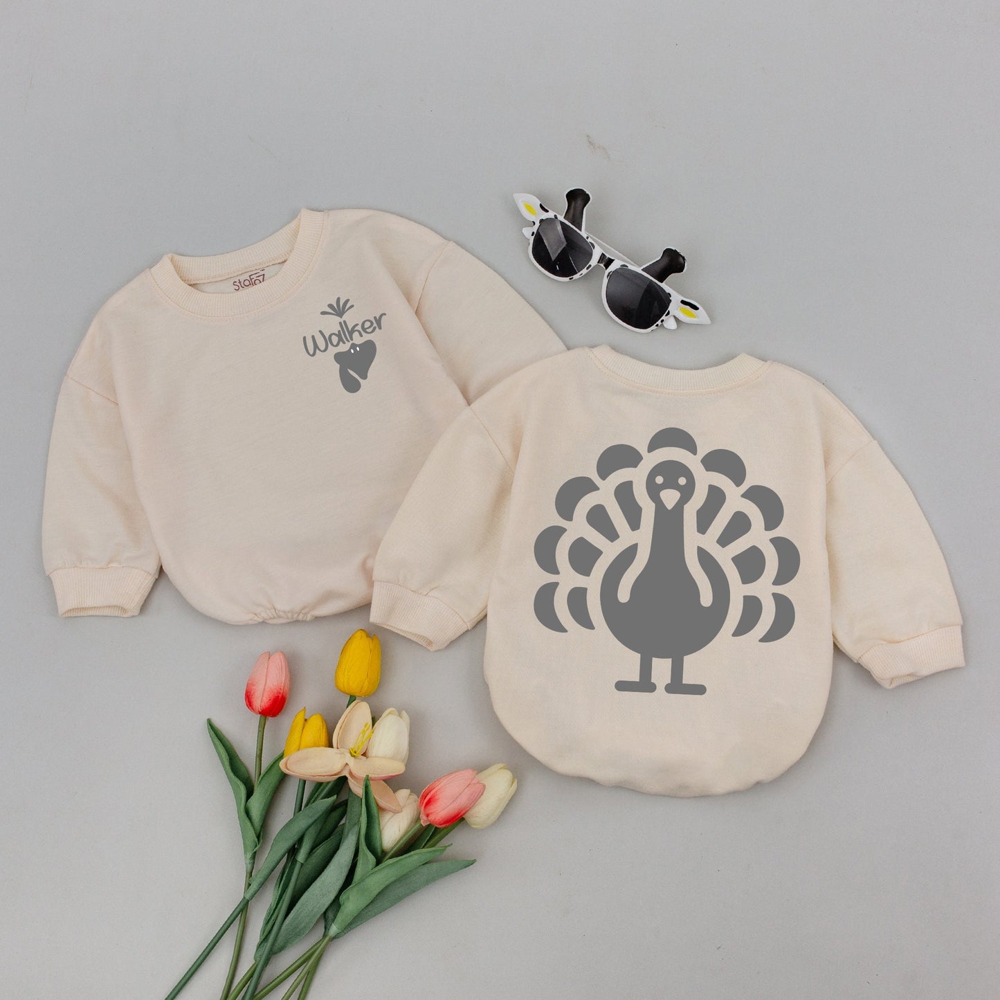 Personalized Walker Turkey Baby Romper & Sleepsuit Thanksgiving Gift Baby Boy Girl Newborn Outfit Cute Fall Clothes