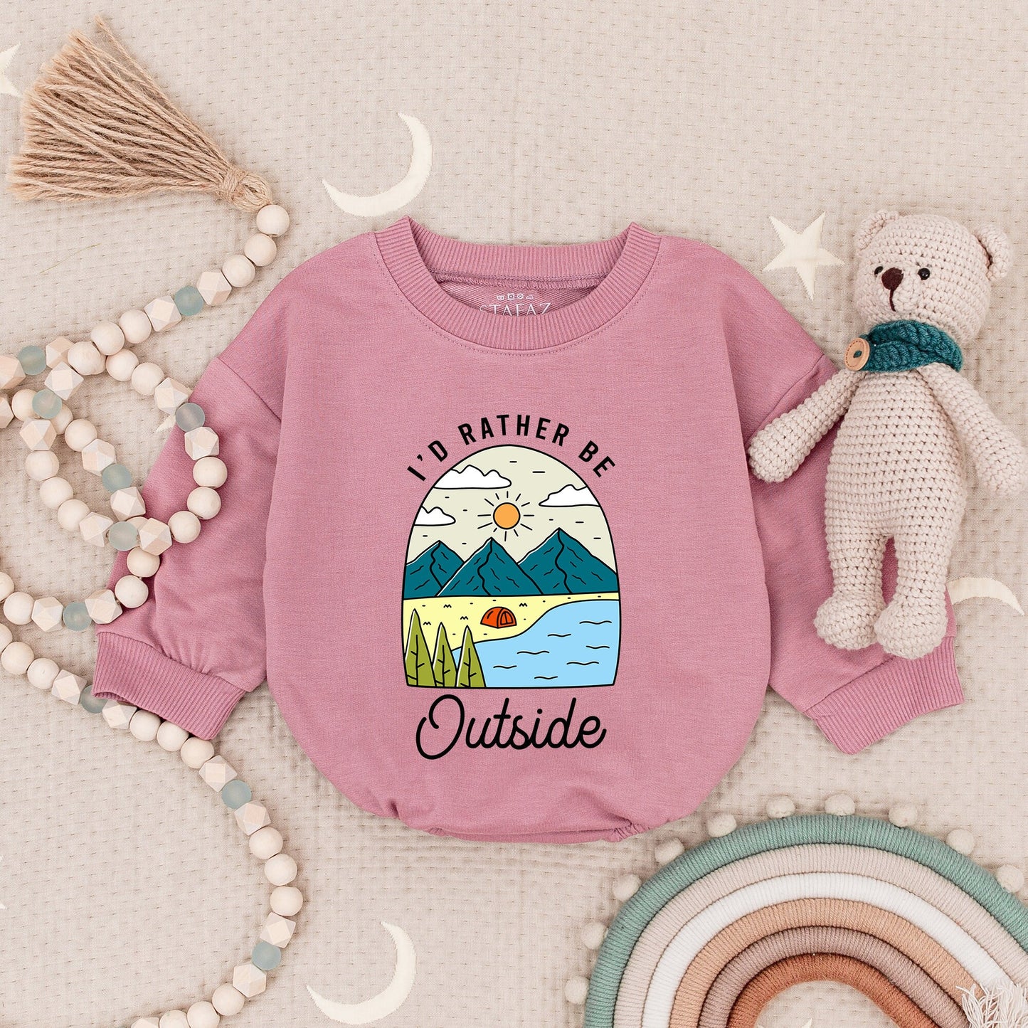 Cute Outdoor Adventure Baby Romper Nature Scene Teal Orange Mountains Trees Tent Water Sun Clouds Whimsical Outfits Baby Shower Gift Boy