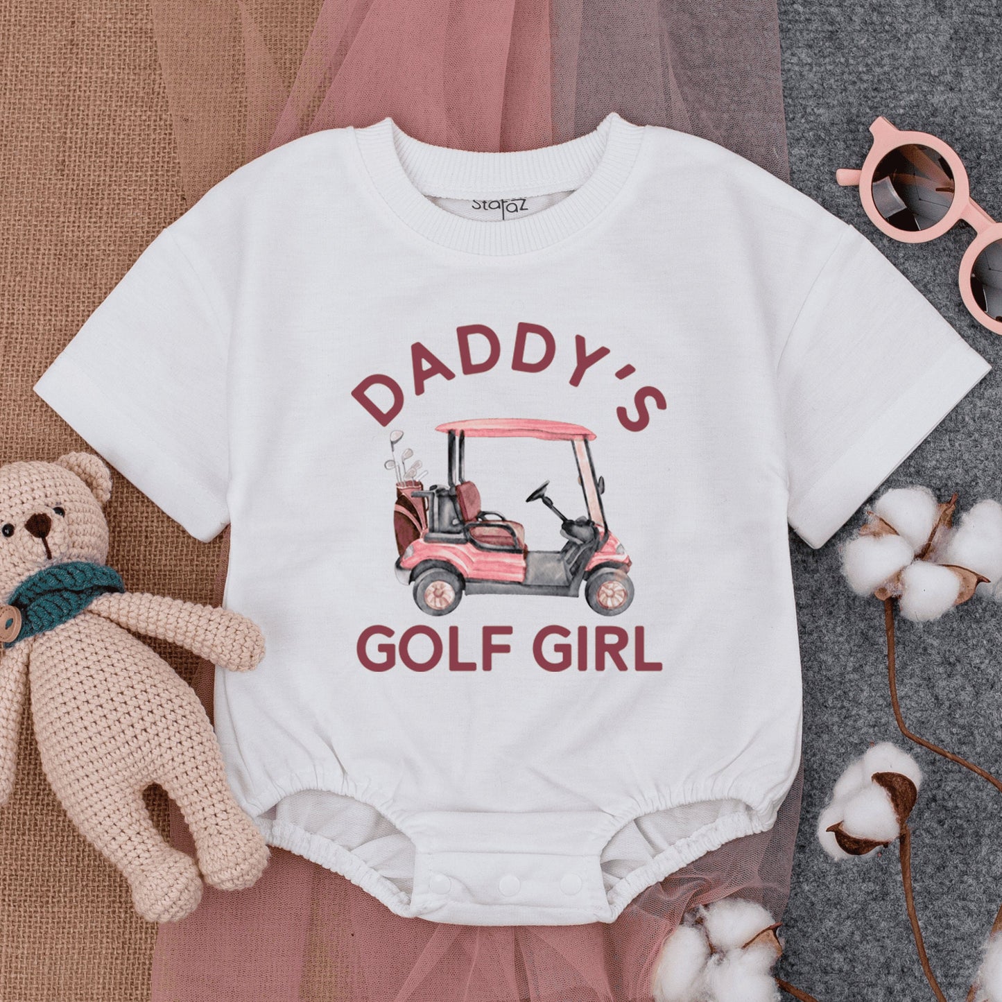 Daddy's Golf Girl Bubble Romper Cute Pink Golf Cart Daddy Daughter Short Sleeve Baby Girl Outfit Fathers Day Gift