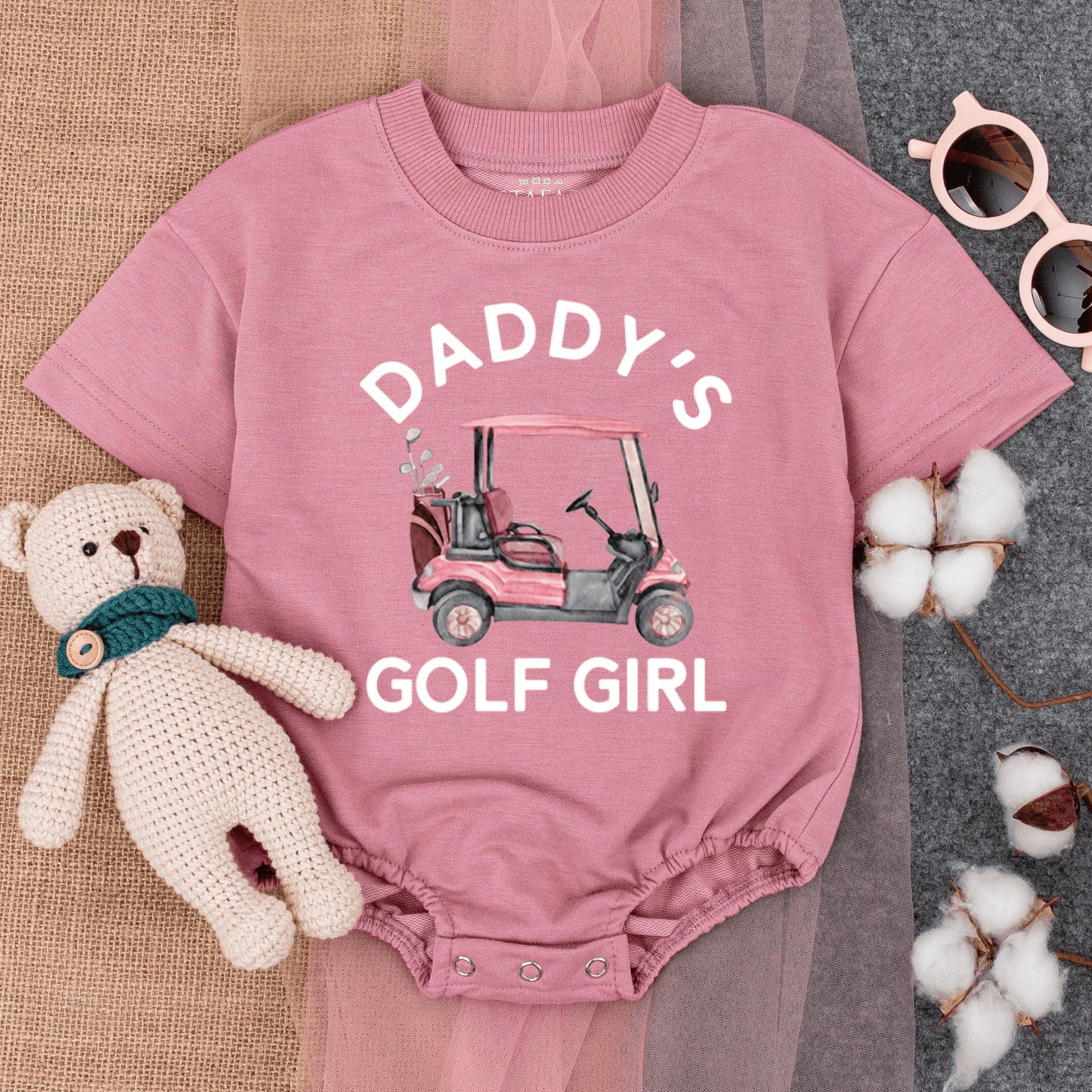 Daddy's Golf Girl Bubble Romper Cute Pink Golf Cart Daddy Daughter Short Sleeve Baby Girl Outfit Fathers Day Gift