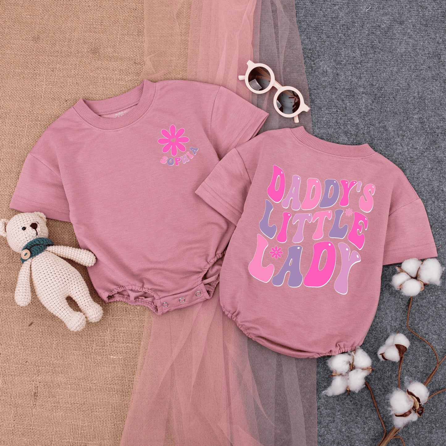 Custom Daddy's Little Lady Short Sleeve Romper Playful Retro Pink Purple Starburst Font Infant Father Daughter Fathers Day Outfit