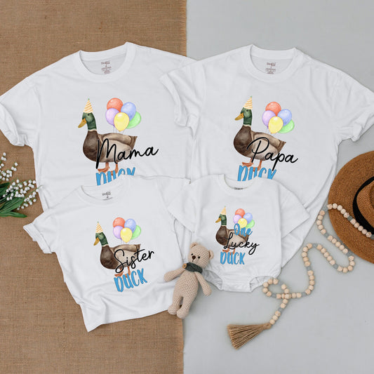 One Lucky Duck Birthday Matching Family Shirts, Cute Mallard Party Hat 1st Birthday Boy or Girl Outfit, Duck Lover Baby Bodysuit, Mommy and Me Clothes
