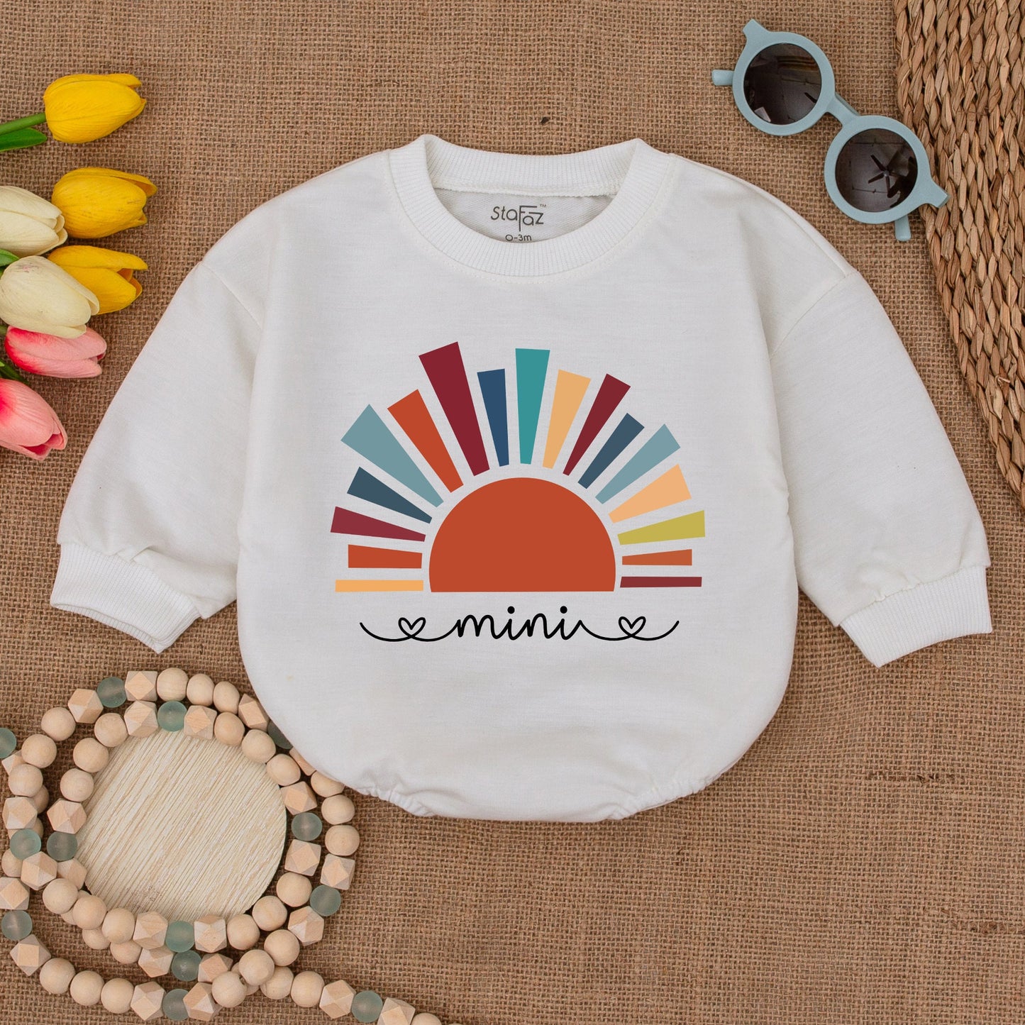 Mini Sunshine Baby Romper Boho Sun Design Bubble Romper Little Sunshine Bodysuit Teal Orange Yellow Rays Minimalist Summer Outfit Gender Neutral Clothes (135 chars)