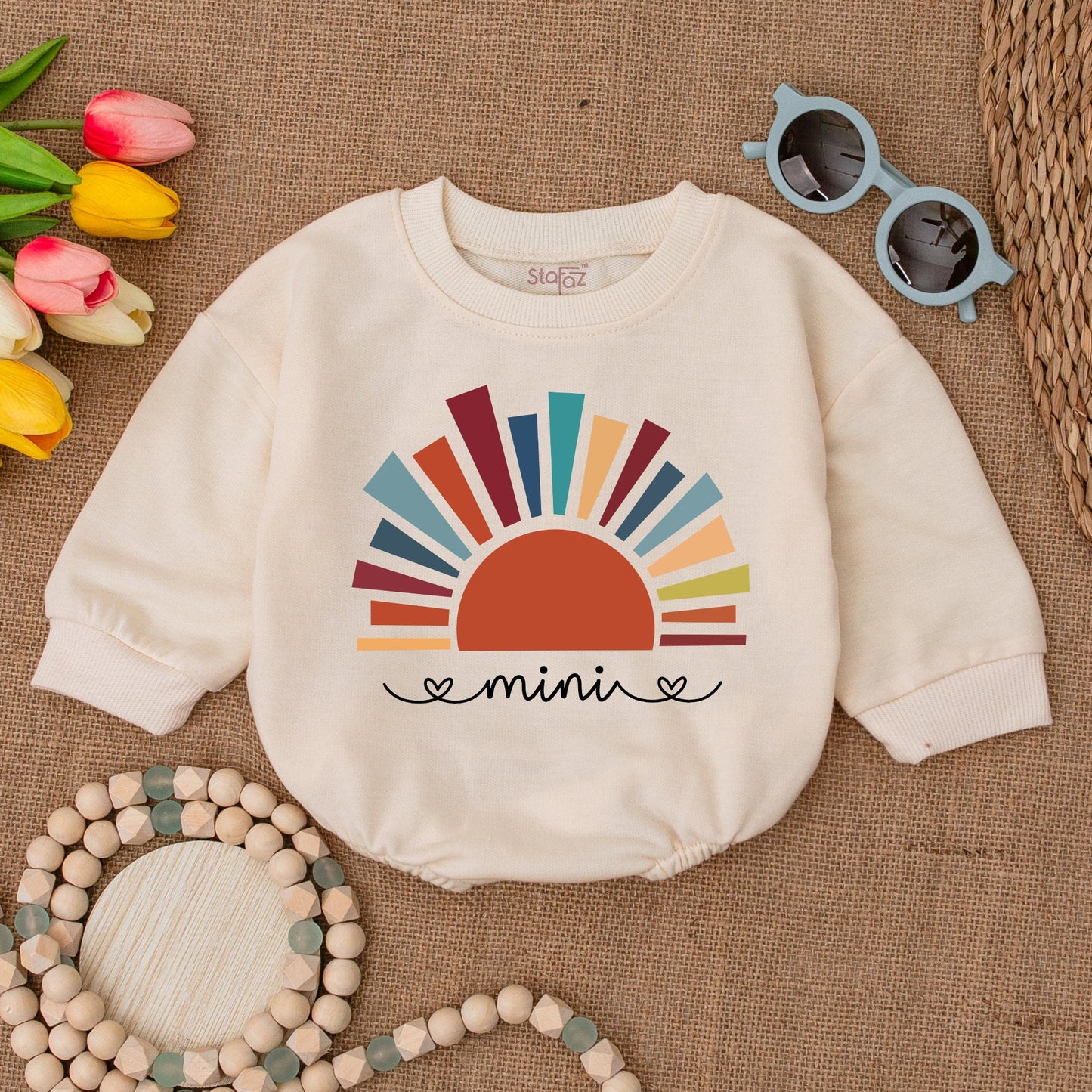 Mini Sunshine Baby Romper Boho Sun Design Bubble Romper Little Sunshine Bodysuit Teal Orange Yellow Rays Minimalist Summer Outfit Gender Neutral Clothes (135 chars)