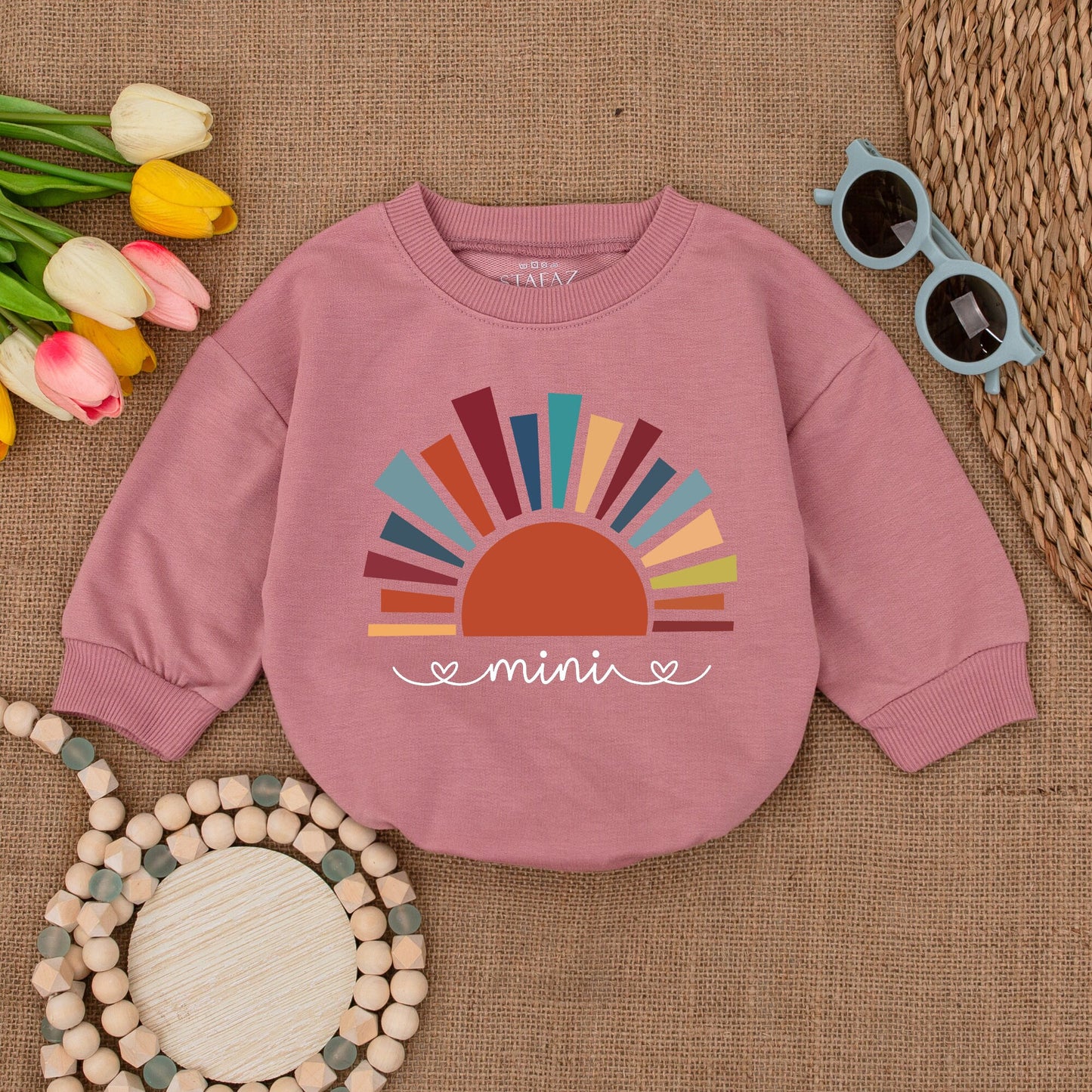 Mini Sunshine Baby Romper Boho Sun Design Bubble Romper Little Sunshine Bodysuit Teal Orange Yellow Rays Minimalist Summer Outfit Gender Neutral Clothes (135 chars)