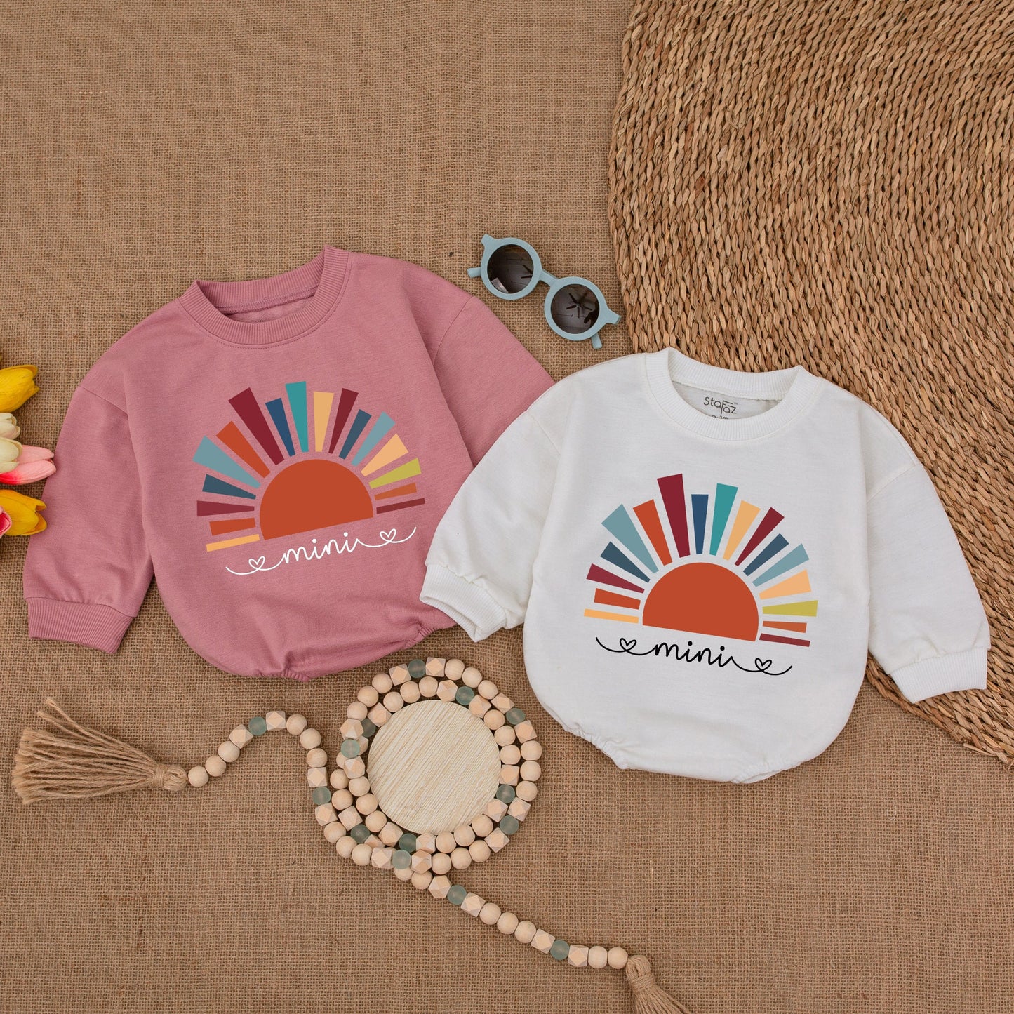 Mini Sunshine Baby Romper Boho Sun Design Bubble Romper Little Sunshine Bodysuit Teal Orange Yellow Rays Minimalist Summer Outfit Gender Neutral Clothes (135 chars)
