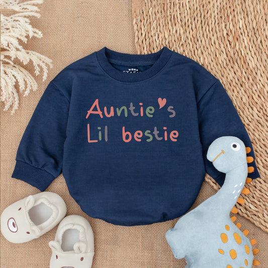 Auntie's Bestie Romper Cute Handwriting Font Baby Girl Boy Newborn Outfit Gift from Auntie Shower Present