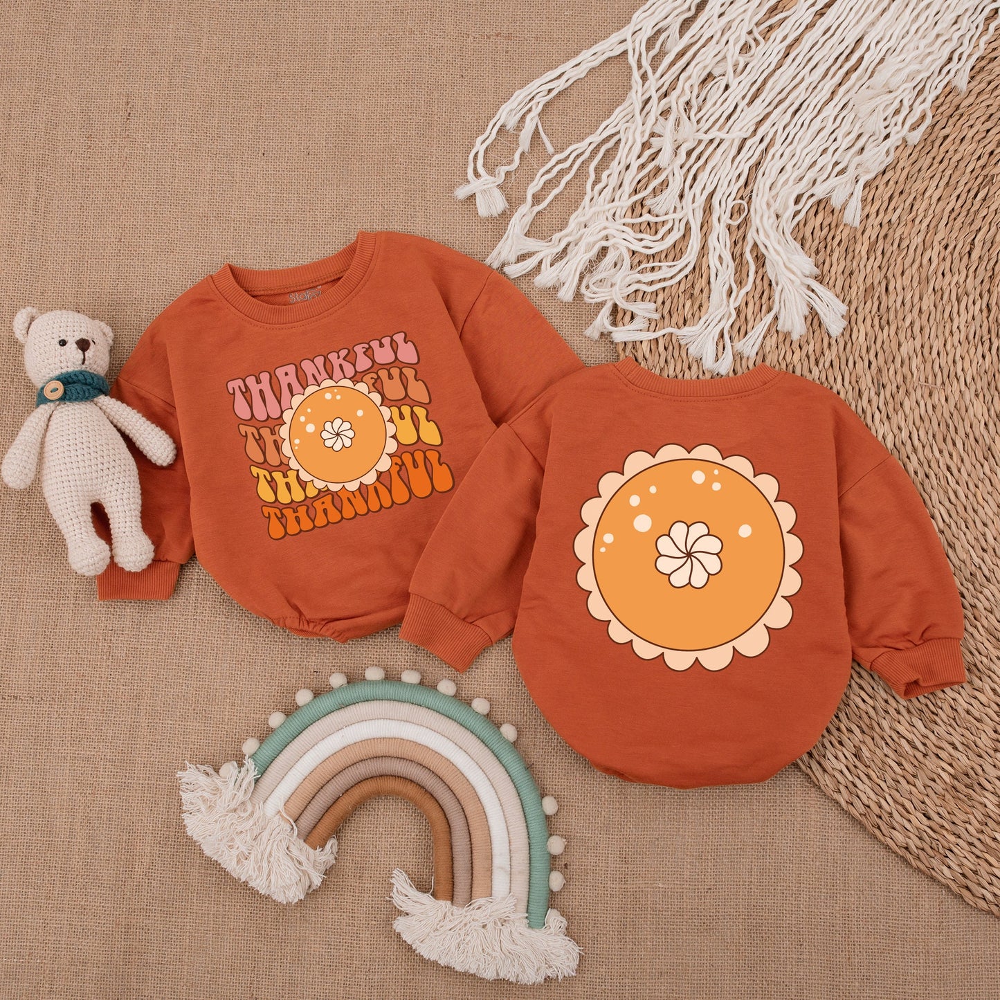 My First Thanksgiving Thankful Baby Bubble Romper Retro Fall Outfit Peach Orange Pie Design Autumnal Infant Clothes Brown Hues