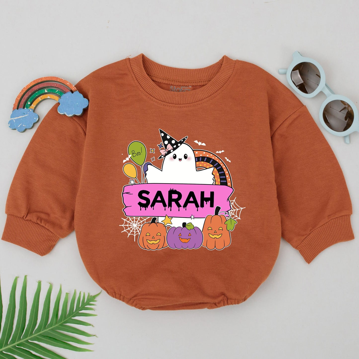 Personalized Sarah's Spooky Halloween Romper, Ghost & Jack-O-Lanterns Baby Outfit, Boo Balloons, Cute First Halloween Baby Shower Gift, Spooky Fun (139 chars)