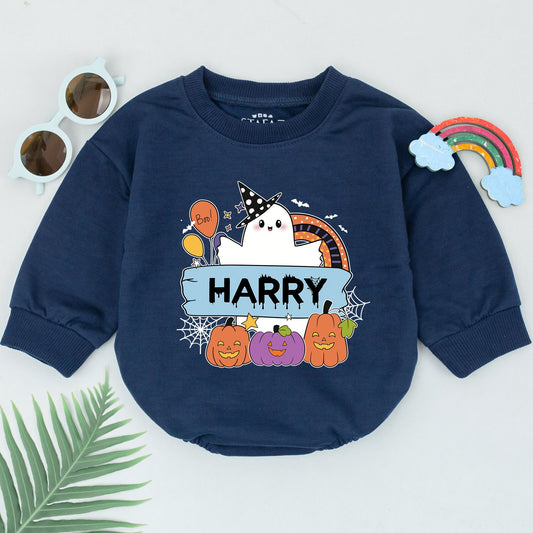 Personalized Baby Boy Halloween Romper Whimsical Ghost Rainbow Name Design Fall Spooky Baby Shower Gift First Boo Outfit Jack-o-Lanterns