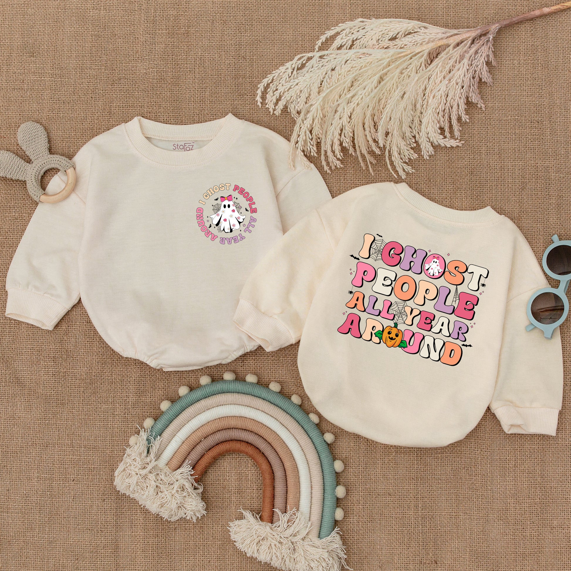 I Ghost People All Year Around Baby Bodysuit Retro Halloween Ghost Pumpkin Whimsical Infant Girl Boy Outfit with Pink Bow Bats and Spiderwebs Shower Gift