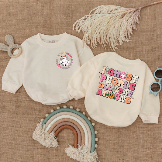 I Ghost People All Year Around Baby Bodysuit Retro Halloween Ghost Pumpkin Whimsical Infant Girl Boy Outfit with Pink Bow Bats and Spiderwebs Shower Gift