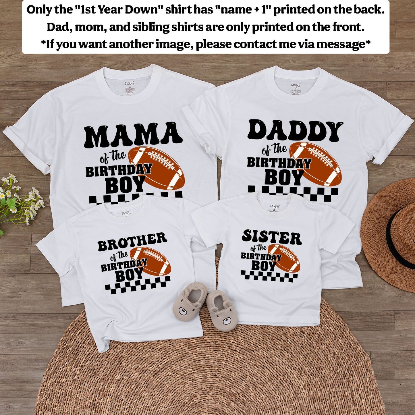 Personalized Football 1st Year Down Retro Checkered Baby Boy First Birthday Bodysuit for Family Matching Game Day Outfit with Child's Name
