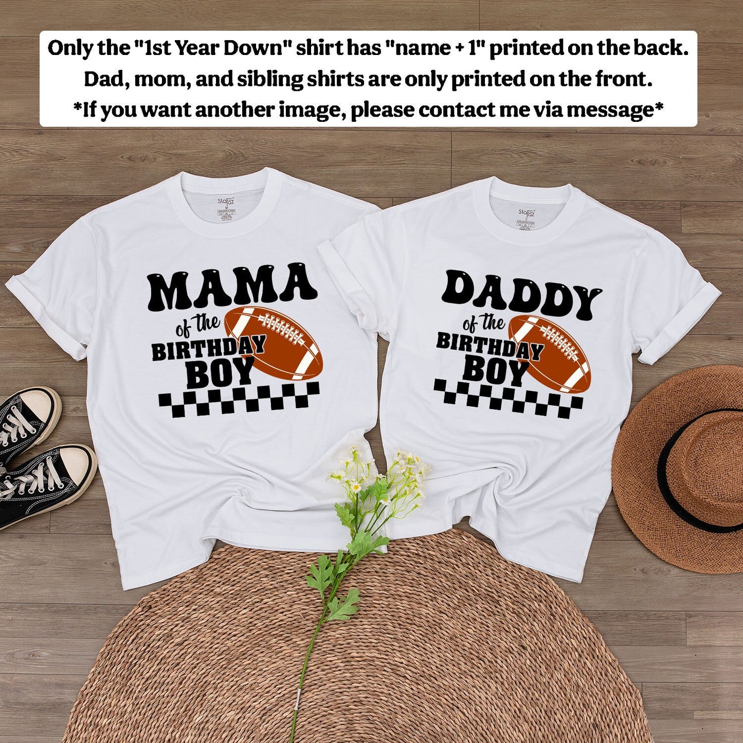 Personalized Football 1st Year Down Retro Checkered Baby Boy First Birthday Bodysuit for Family Matching Game Day Outfit with Child's Name