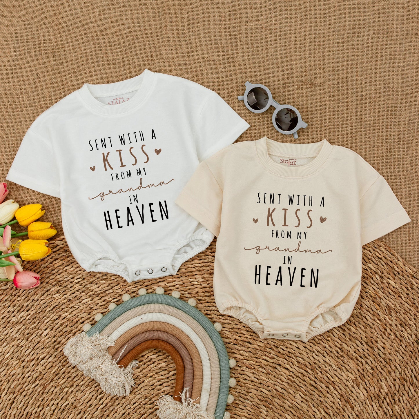 Sent With A Kiss Romper: Grandma's Love From Heaven Baby Bodysuit, Newborn Bubble Outfit, Sweet Memorial Gift, Baby Announcement Romper (134 chars)