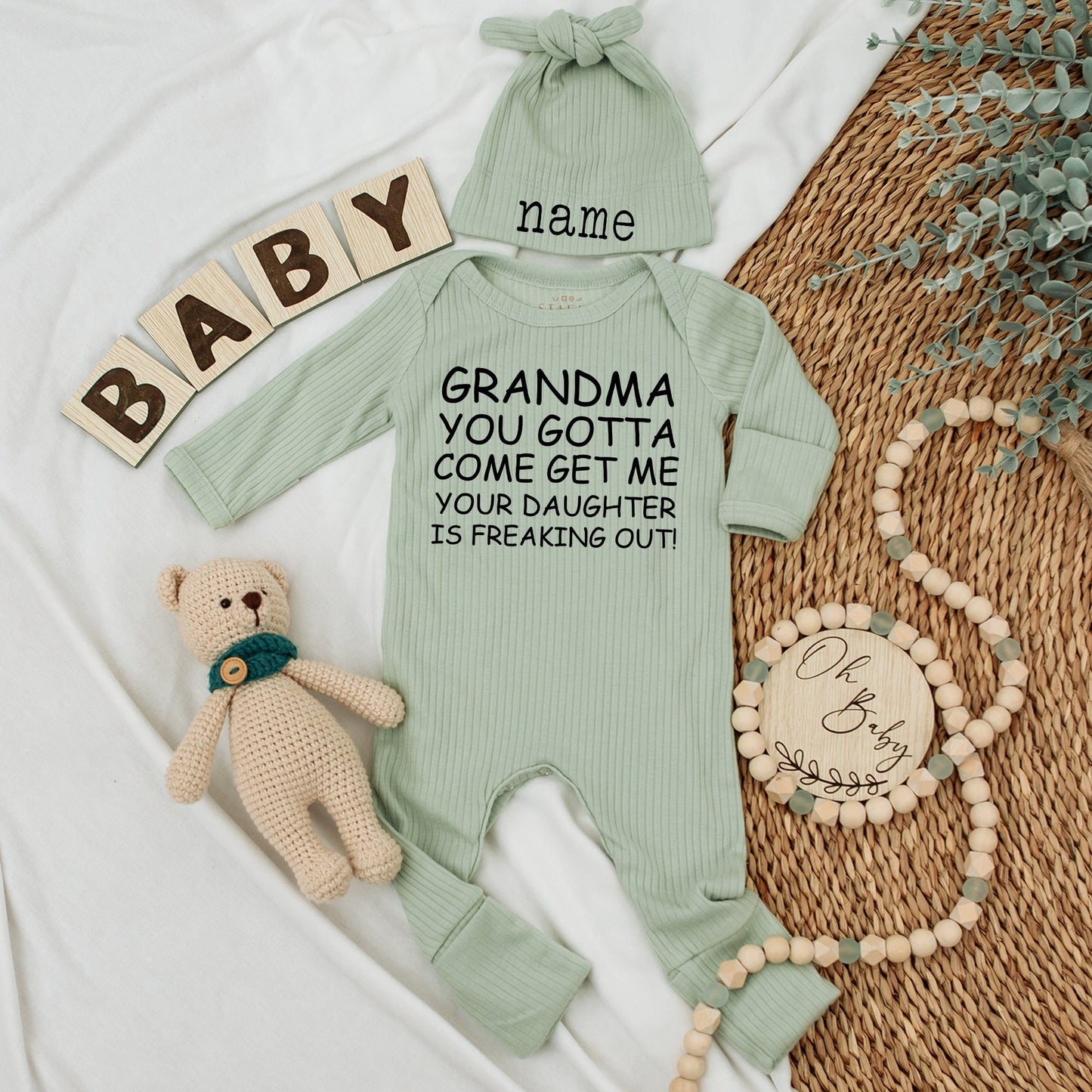 Grandma, Your Daughter is Freaking Out! Funny Baby Bodysuit & Hat Set, Newborn Gift for Grandma, Baby Shower