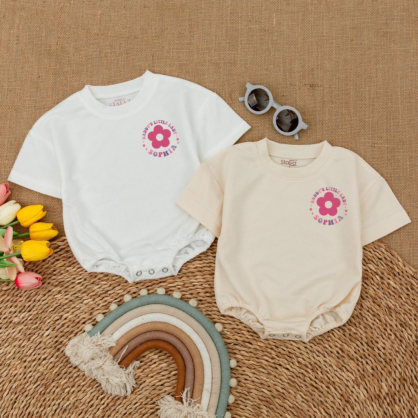 Custom Daddy's Little Lady Romper Retro Floral Stars Toddler Girl Bodysuit Baby Girl Outfit First Birthday Gift