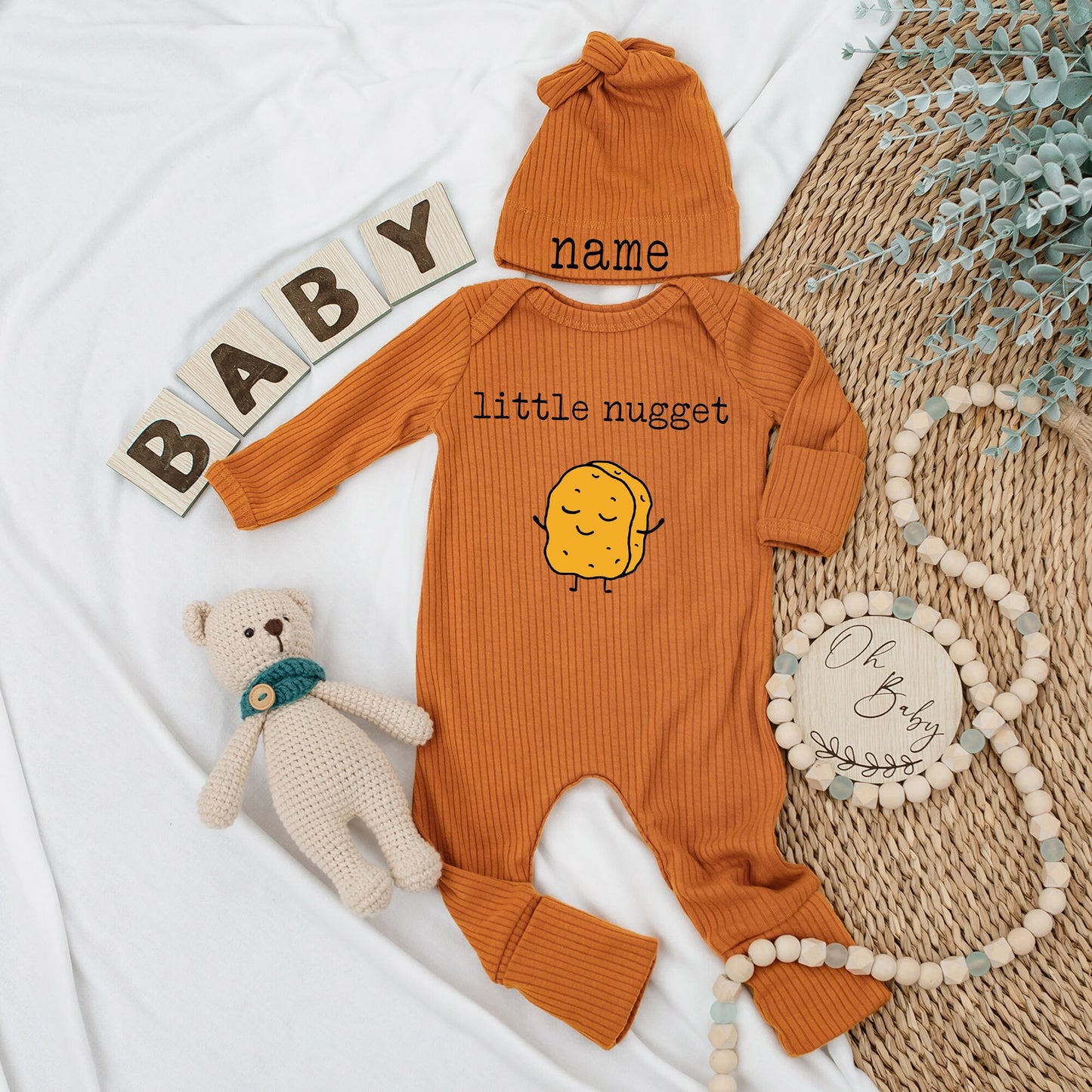 Little Nugget Chicken Baby Bodysuit and Hat Set Cute Outfit for Baby Announcements and Going Home Gifts