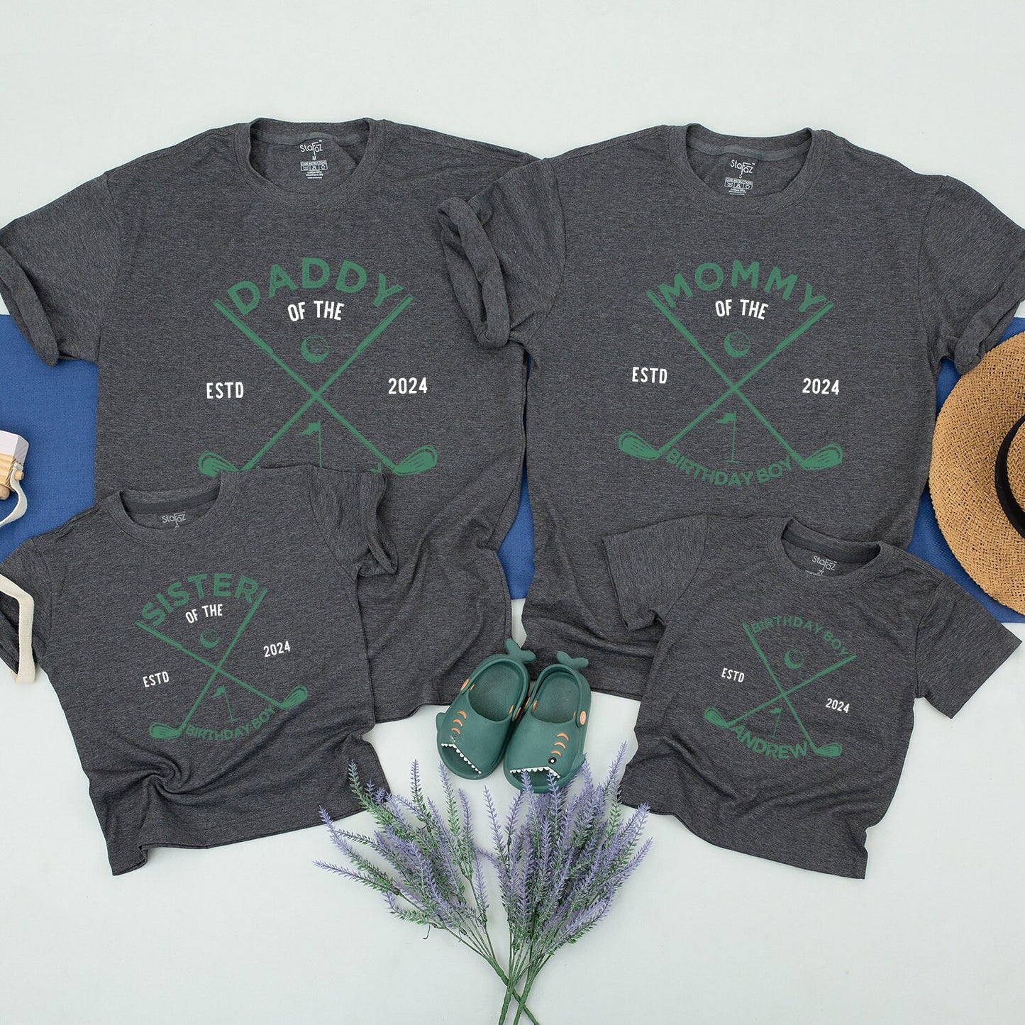 Daddy of the Birthday Boy Golf Shirt, 1st Birthday Outfit, Hole in One, 2024 Family Matching Tee, Light Green Design, ESTD, Andrew's Onesie (136 chars)
