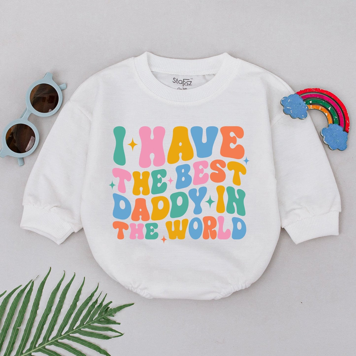 Daddy's Girl Baby Romper Wavy Retro Design with Bright Teal Pink Orange Blue Colors and Starbursts Perfect Father's Day Gift for Daughter