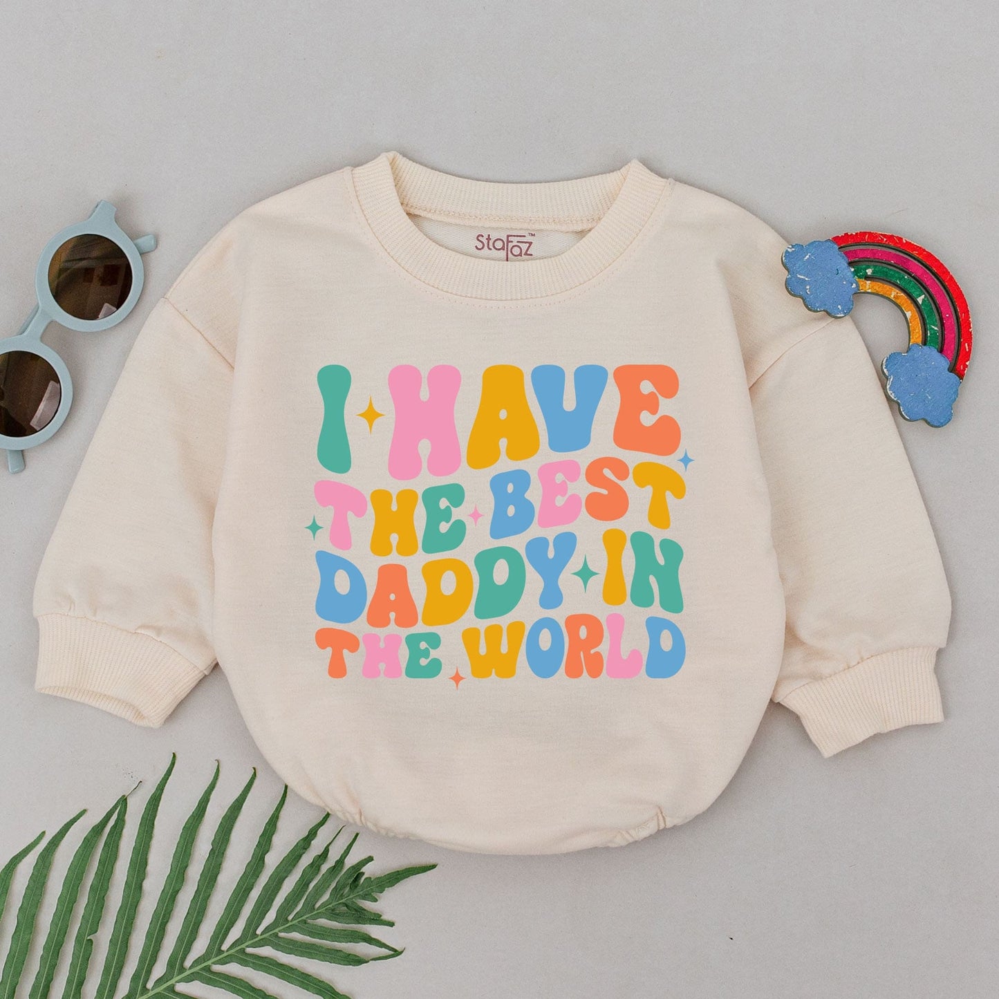 Daddy's Girl Baby Romper Wavy Retro Design with Bright Teal Pink Orange Blue Colors and Starbursts Perfect Father's Day Gift for Daughter