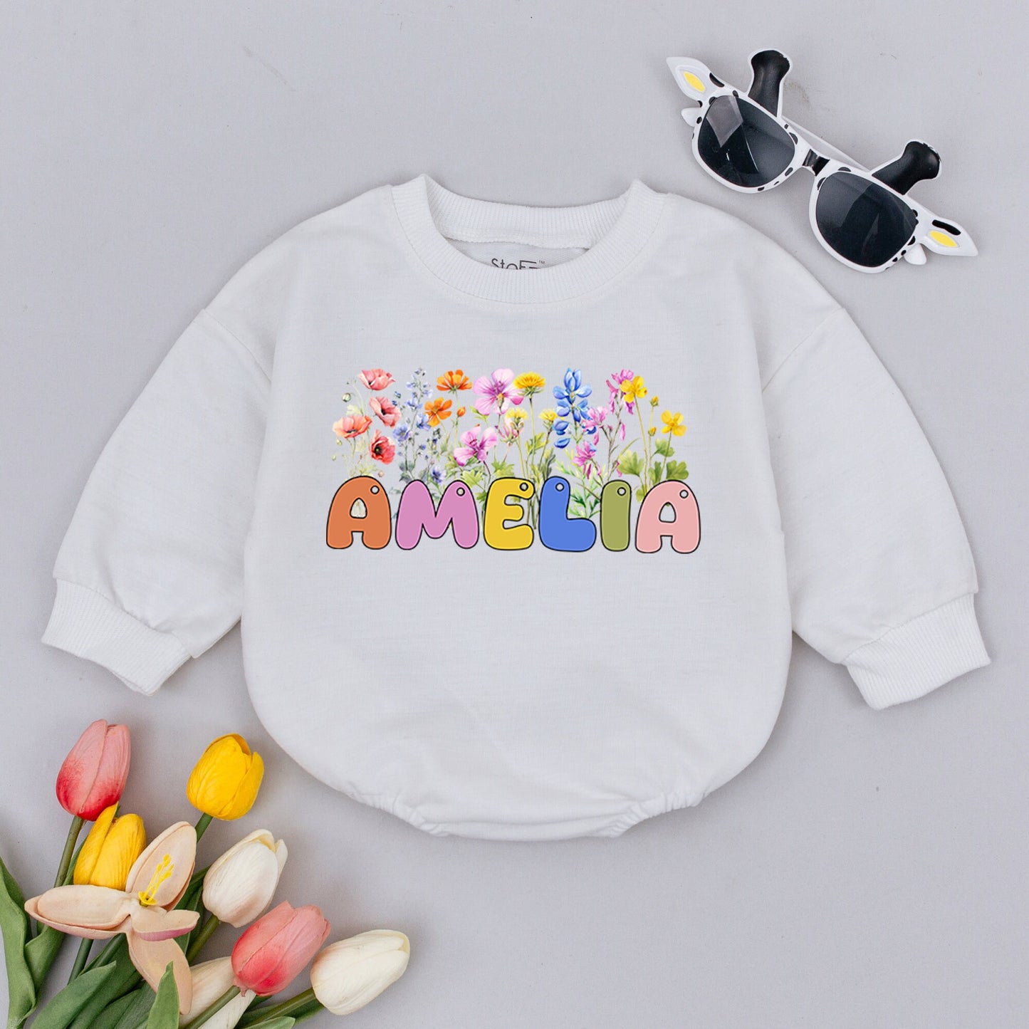 Little Wildflower Boho Floral Name Bubble Romper Vintage Baby Shower Gift Newborn Coming Home Outfit
