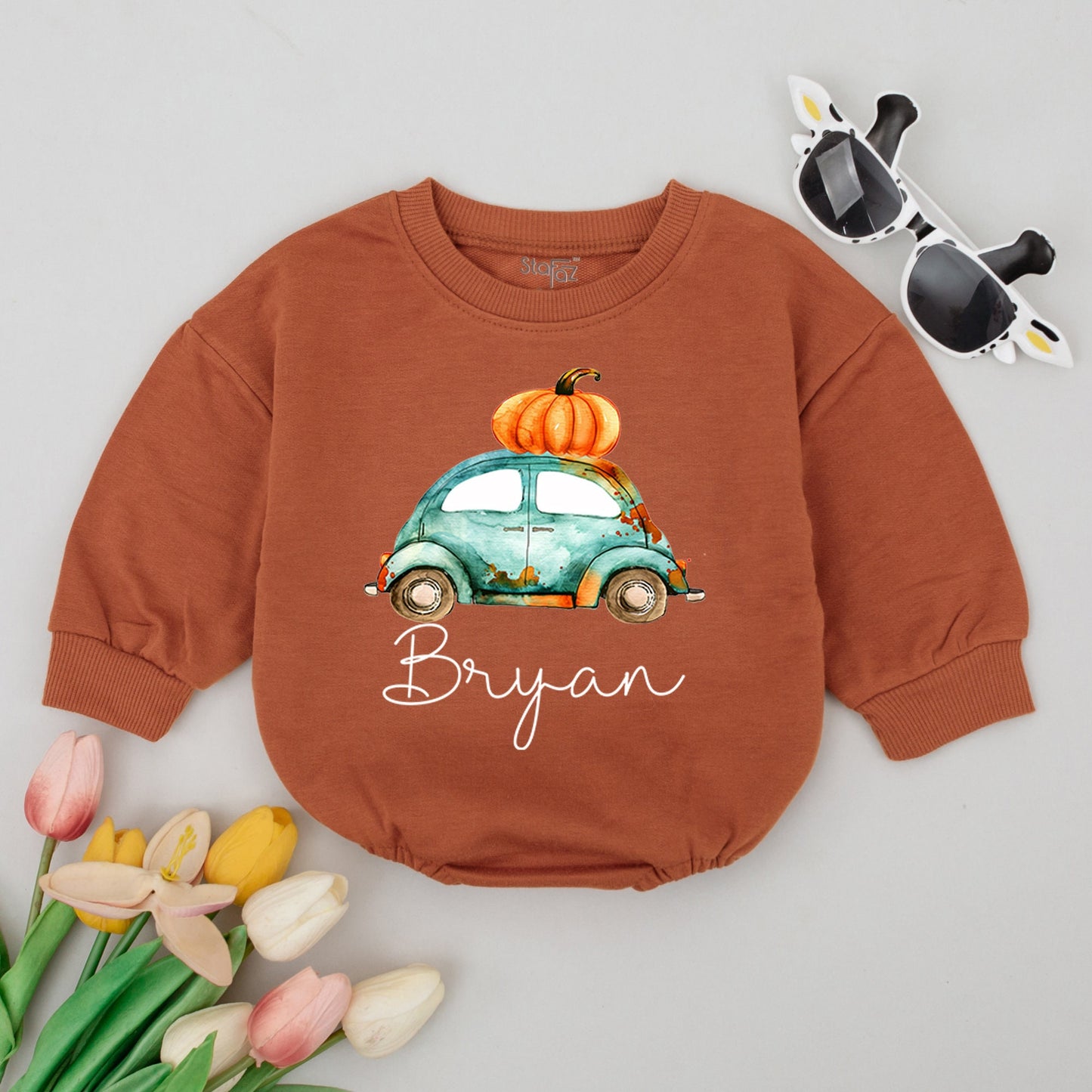Personalized Boho Boy's Fall Tractor Romper, Watercolor Pumpkin Truck Baby Shower Gift, Newborn Boy Clothes, Cute Fall Outfit
