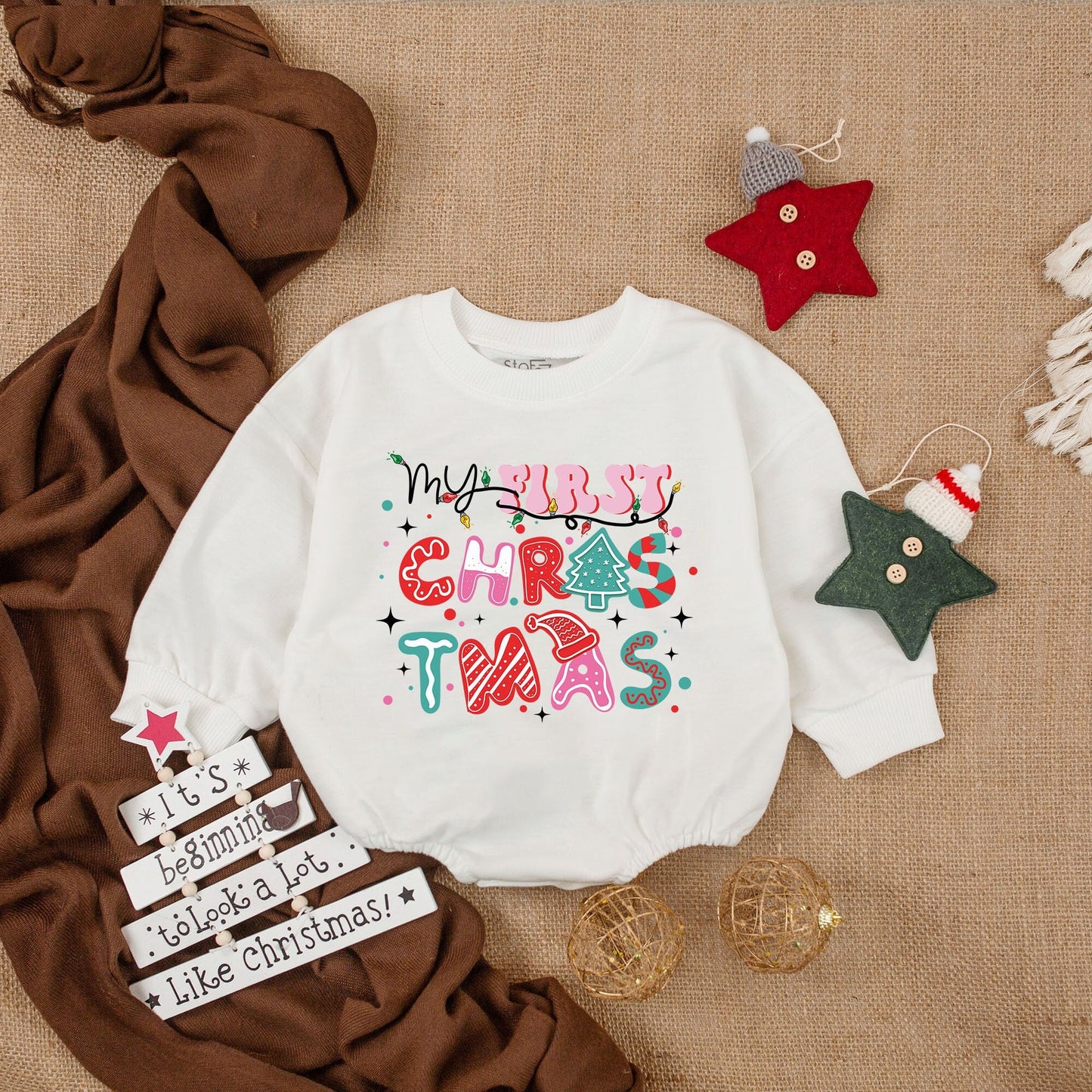 My First Christmas Baby Romper Colorful Lights Print Outfit, playful whimsical long sleeve bodysuit with pink red teal patterns perfect for baby's first holiday gift