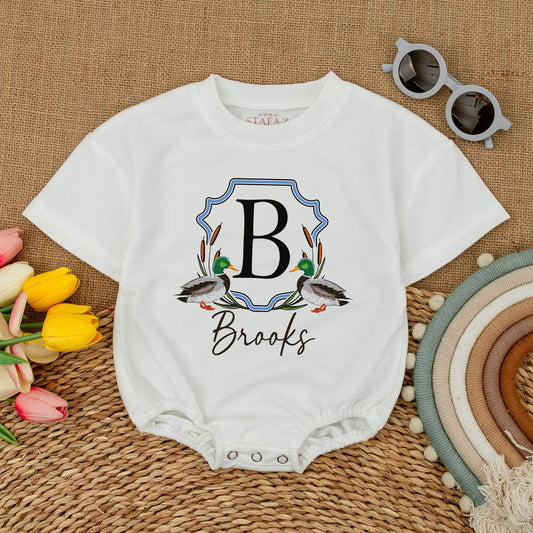 Custom Mallard Duck Romper Daddy's Hunting Buddy Baby Bodysuit Short Sleeve Bubble Romper Naturalistic Crest Design with Reeds and Greenery