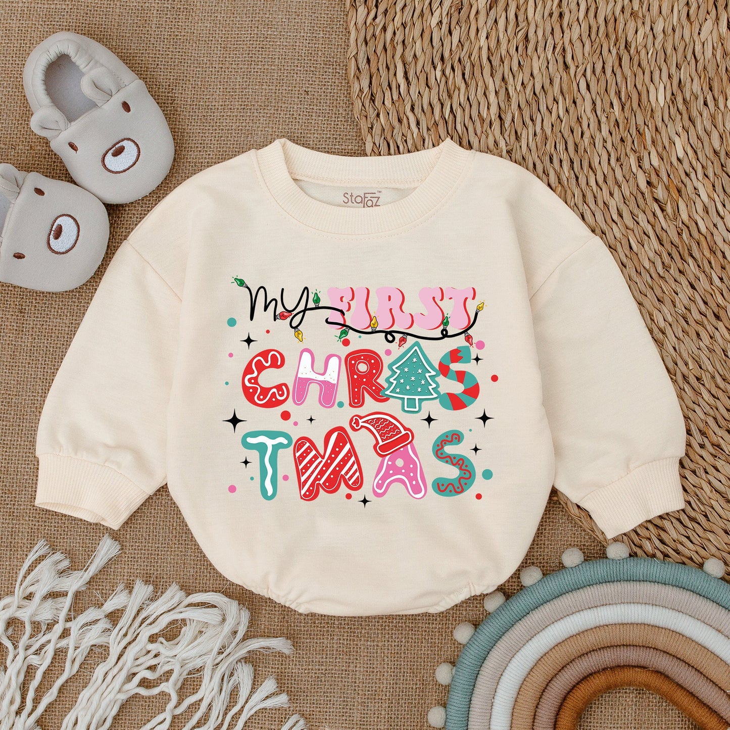 My First Christmas Baby Romper Colorful Lights Print Outfit, playful whimsical long sleeve bodysuit with pink red teal patterns perfect for baby's first holiday gift