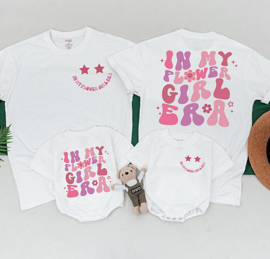 In My Flower Girl Era Retro Tee: Pink & Purple Bubble Letter Design, Bridal Party Shirt, Family T-Shirt, Flower Girl Gift, Soft Cotton Blend (138 chars)