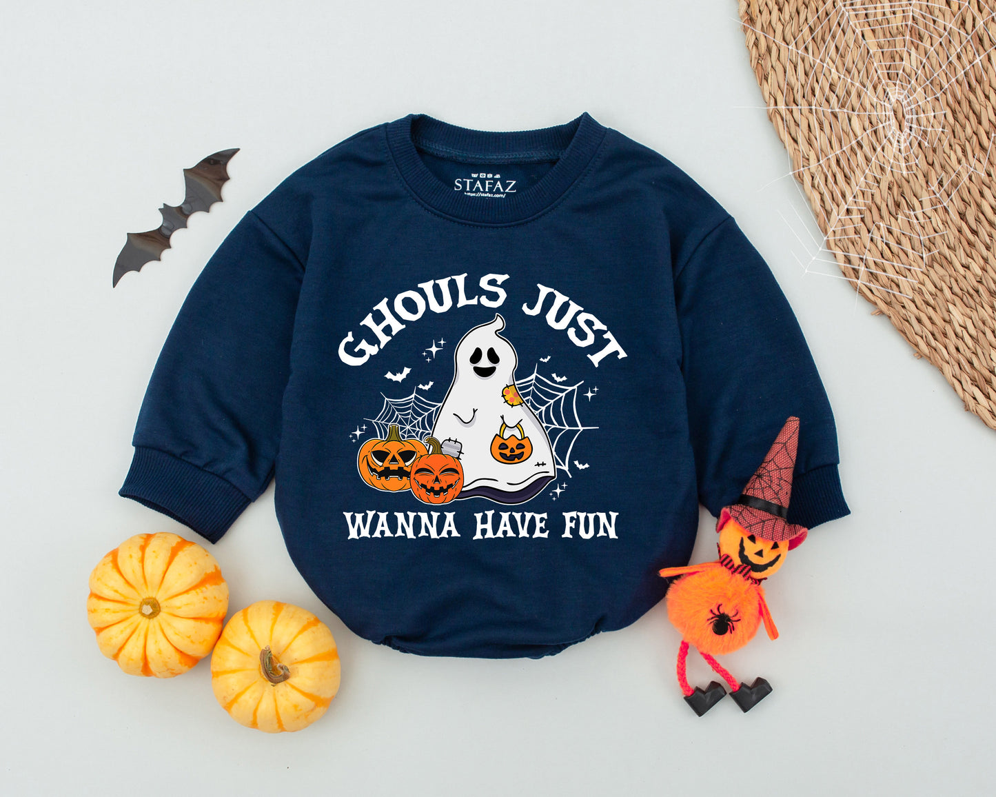 Ghouls Just Wanna Have Fun Baby Romper, Cute Halloween Ghost Outfit, Toddler First Halloween Babysuit, Spooky Black Crosses Design, Soft Cotton 138