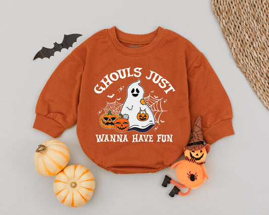 Ghouls Just Wanna Have Fun Baby Romper, Cute Halloween Ghost Outfit, Toddler First Halloween Babysuit, Spooky Black Crosses Design, Soft Cotton 138