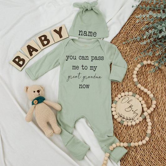 You Can Pass Me To My Great Grandma Now Baby Bodysuit with Matching Hat Grandma Gift Pregnancy Announcement