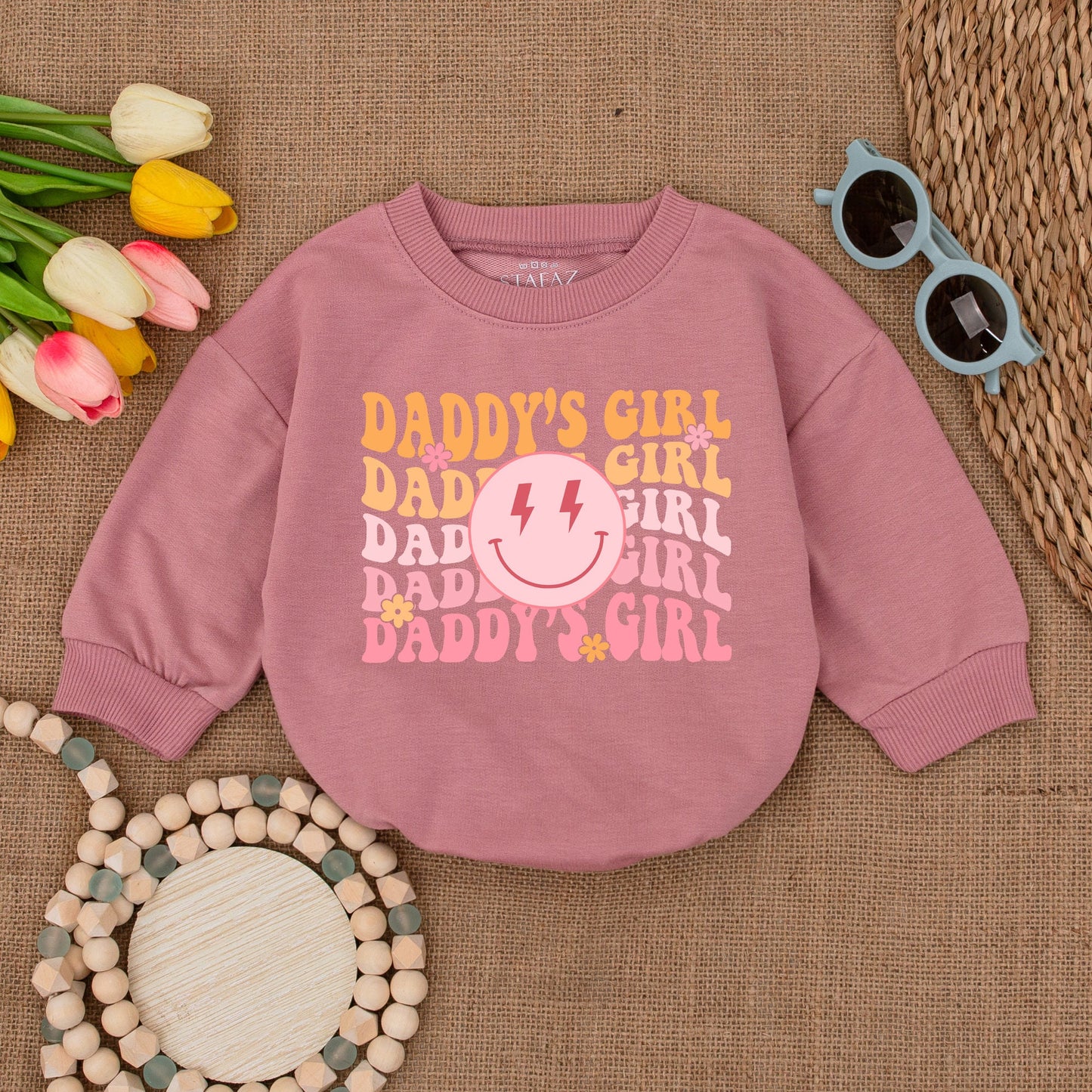 Daddy's Girl Retro Romper with Smiley Face Lightning Bolts Baby Girl Outfit Bubble Romper Newborn Gift Father's Day Present Cute