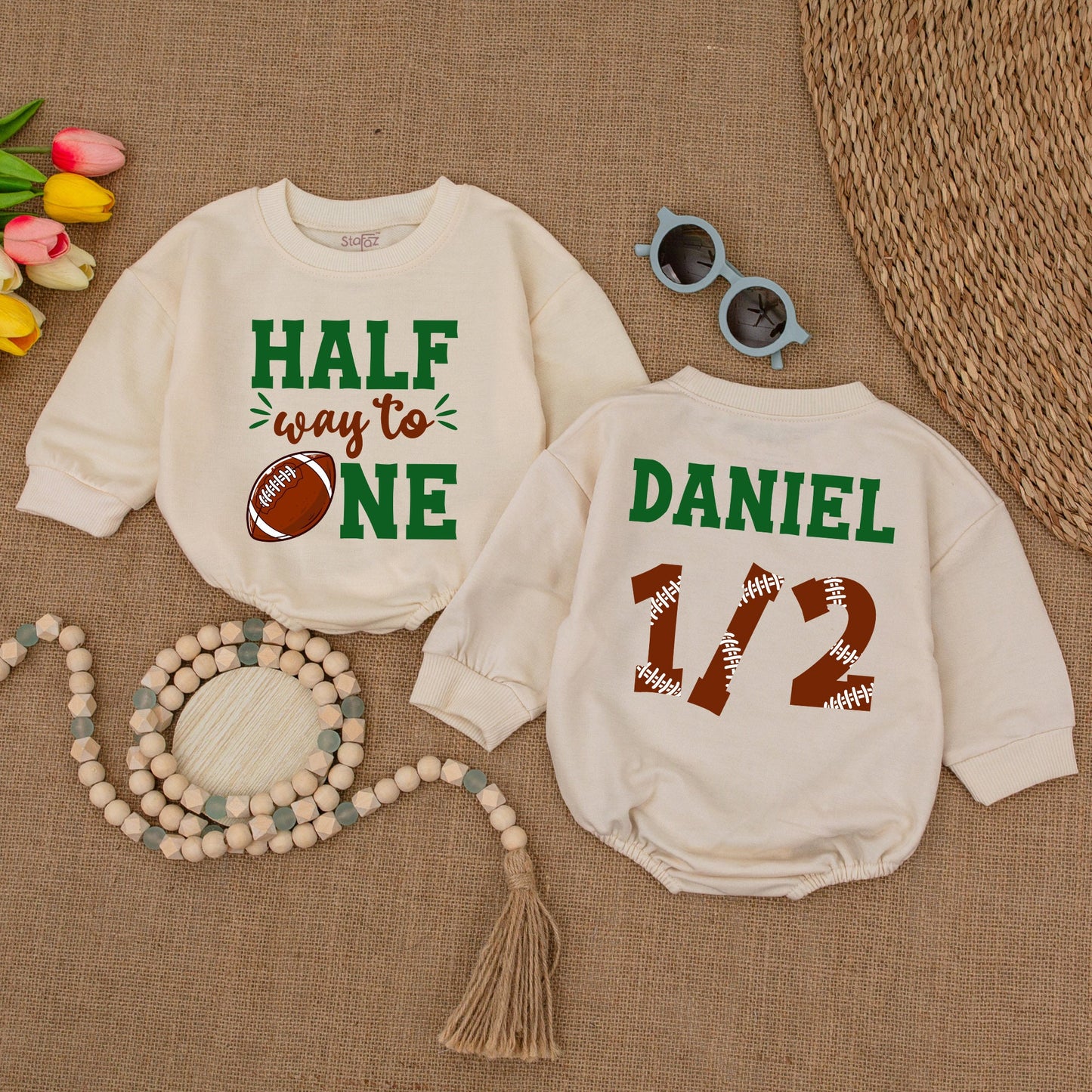 Half Way To One Football Romper, 6 Month Bodysuit, Game Day Birthday Outfit, Baby Boy Clothes, Future All Star Celebration, Soft Cotton (139 chars)