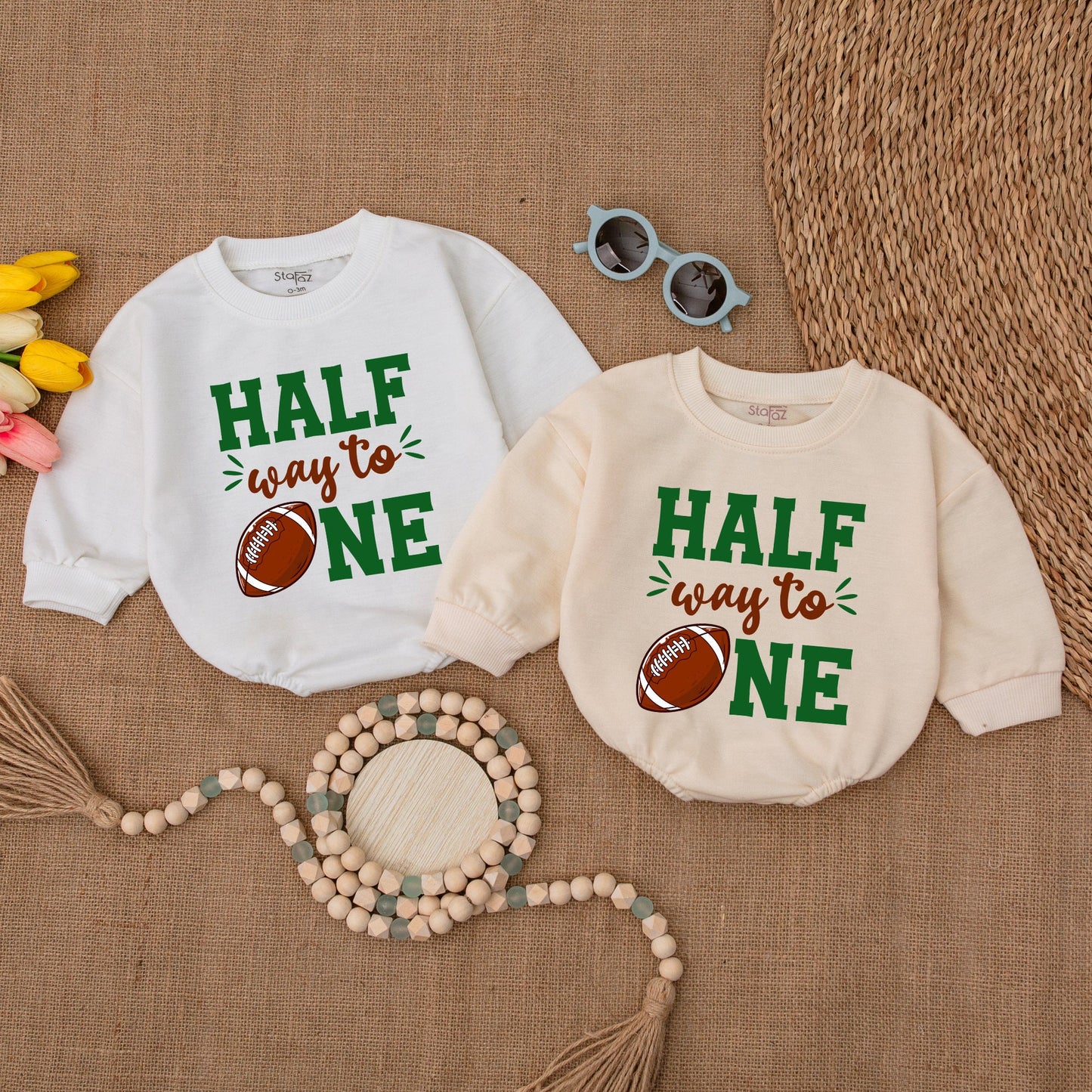 Half Way To One Football Romper, 6 Month Bodysuit, Game Day Birthday Outfit, Baby Boy Clothes, Future All Star Celebration, Soft Cotton (139 chars)