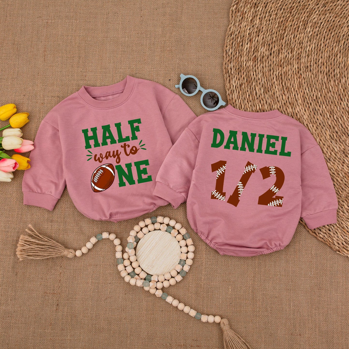 Half Way To One Football Romper, 6 Month Bodysuit, Game Day Birthday Outfit, Baby Boy Clothes, Future All Star Celebration, Soft Cotton (139 chars)