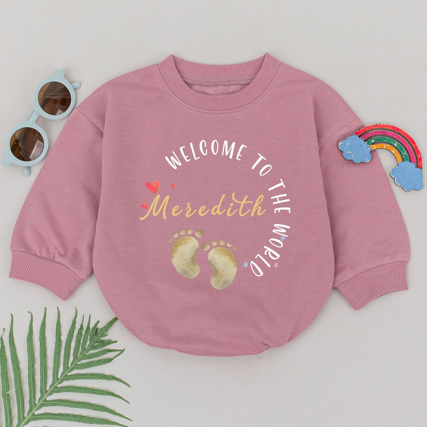 Welcome To The World Personalized Romper Meredith's Footprints Newborn Outfit Sweet Baby Girl Boy Shower Gift Take Home Outfit Custom Bodysuit 134