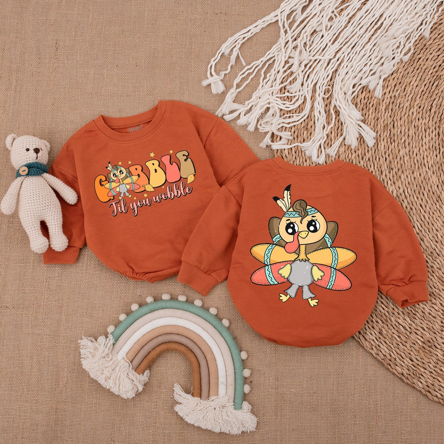 Gobble Til You Wobble Baby Romper Thanksgiving Outfit Turkey with Headdress & Stars Baby Fall Clothes Cute Retro Design