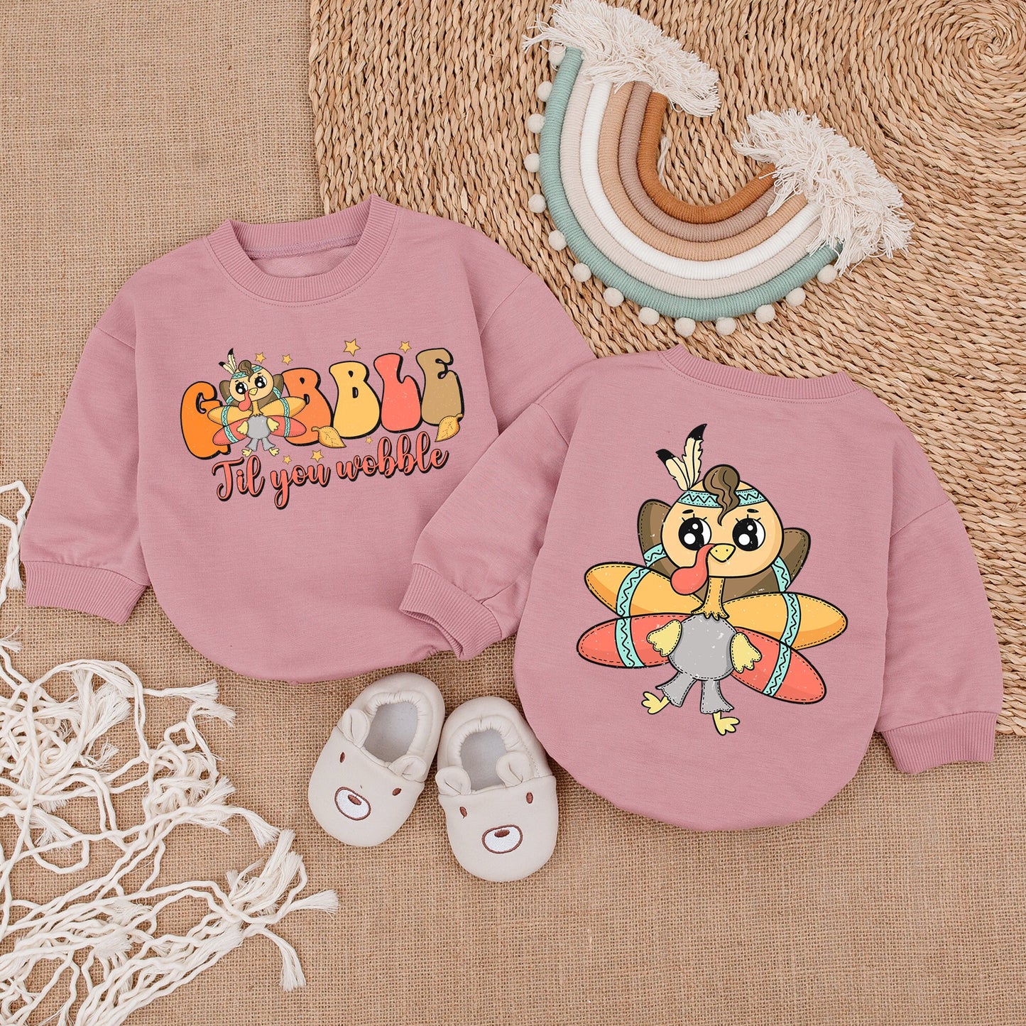 Gobble Til You Wobble Baby Romper Thanksgiving Outfit Turkey with Headdress & Stars Baby Fall Clothes Cute Retro Design