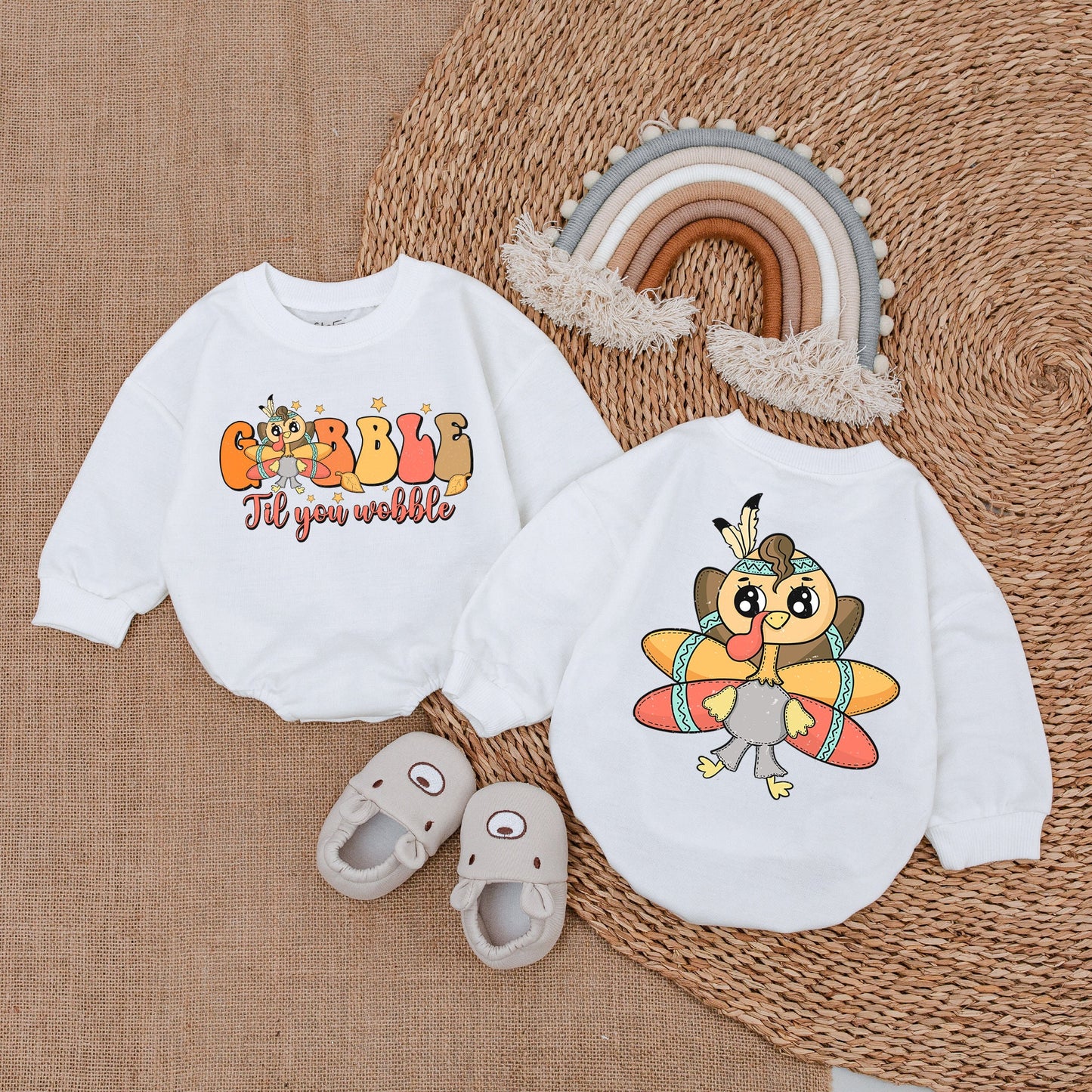 Gobble Til You Wobble Baby Romper Thanksgiving Outfit Turkey with Headdress & Stars Baby Fall Clothes Cute Retro Design