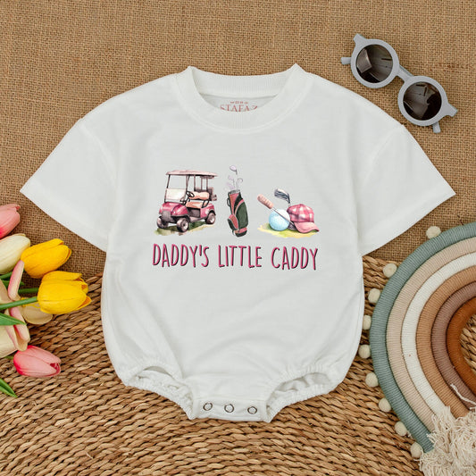 Daddy's Little Caddy Golf Romper: Cute Pink Cart & Clubs Baby Bodysuit for Future Golfer Girl, Baby Shower Gift, Comfy Short Sleeve Outfit (139 chars)