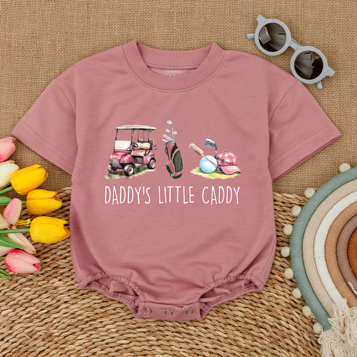 Daddy's Little Caddy Golf Romper: Cute Pink Cart & Clubs Baby Bodysuit for Future Golfer Girl, Baby Shower Gift, Comfy Short Sleeve Outfit (139 chars)