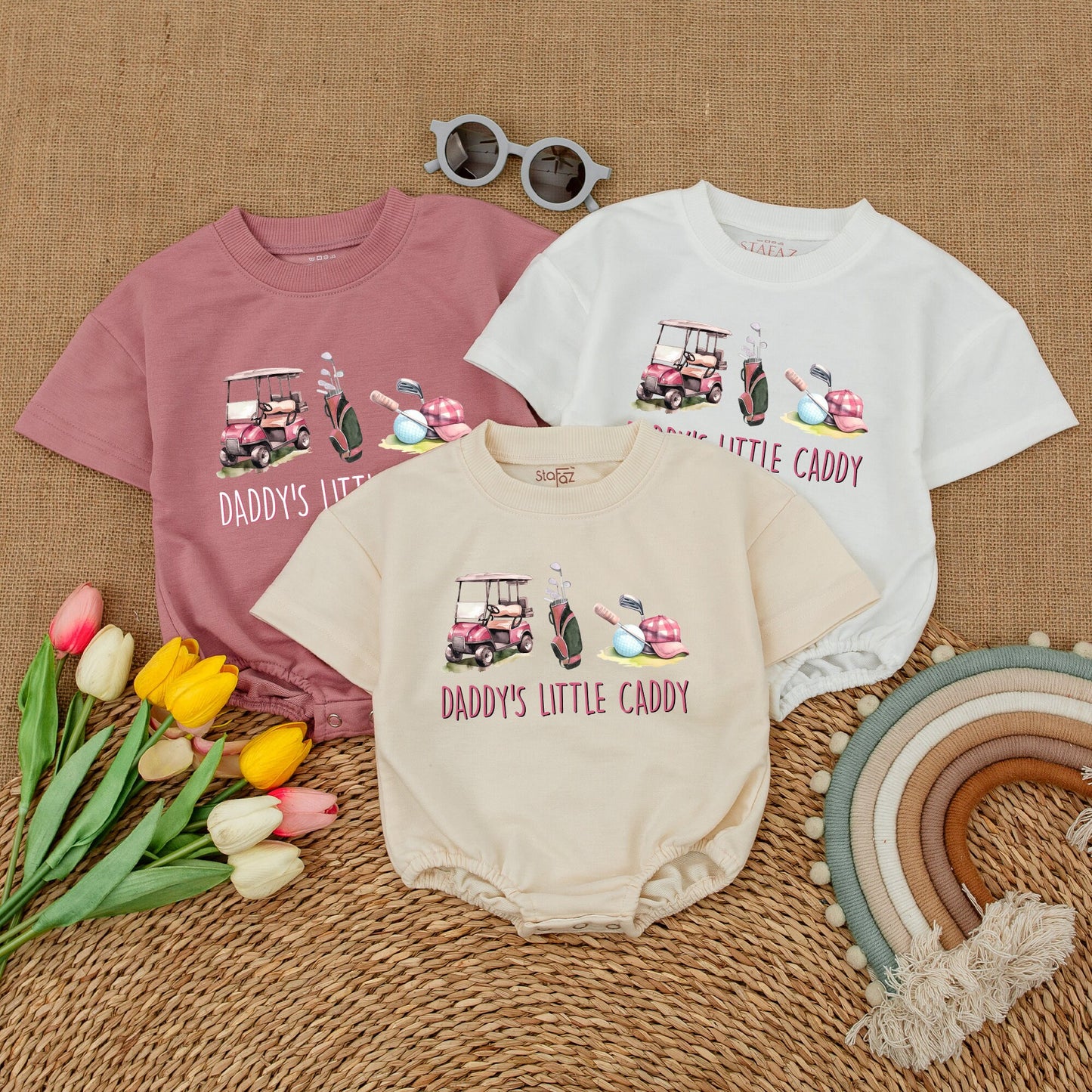 Daddy's Little Caddy Golf Romper: Cute Pink Cart & Clubs Baby Bodysuit for Future Golfer Girl, Baby Shower Gift, Comfy Short Sleeve Outfit (139 chars)