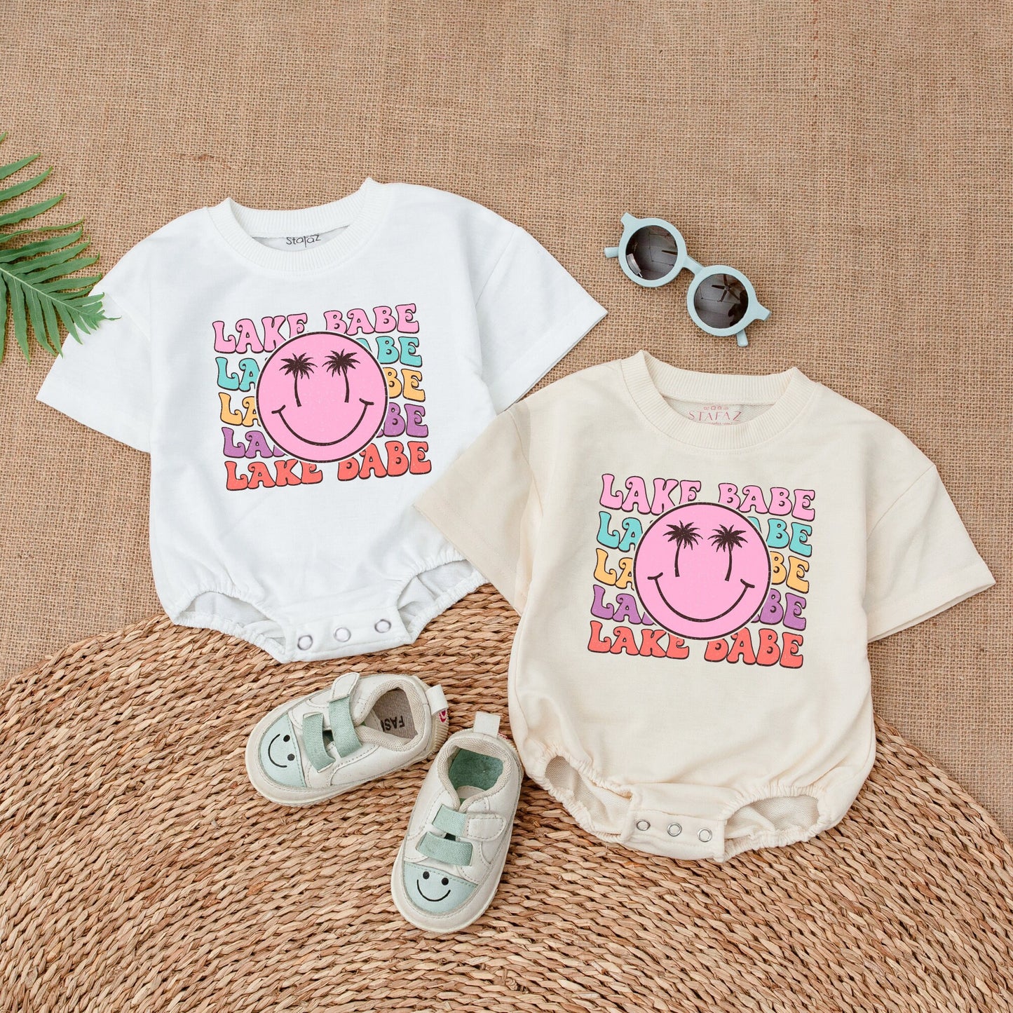 Lake Babe Baby Girl Romper Summer Outfit with Smiley Face Rainbow Pastel Design Baby Shower Gift New Baby Clothes