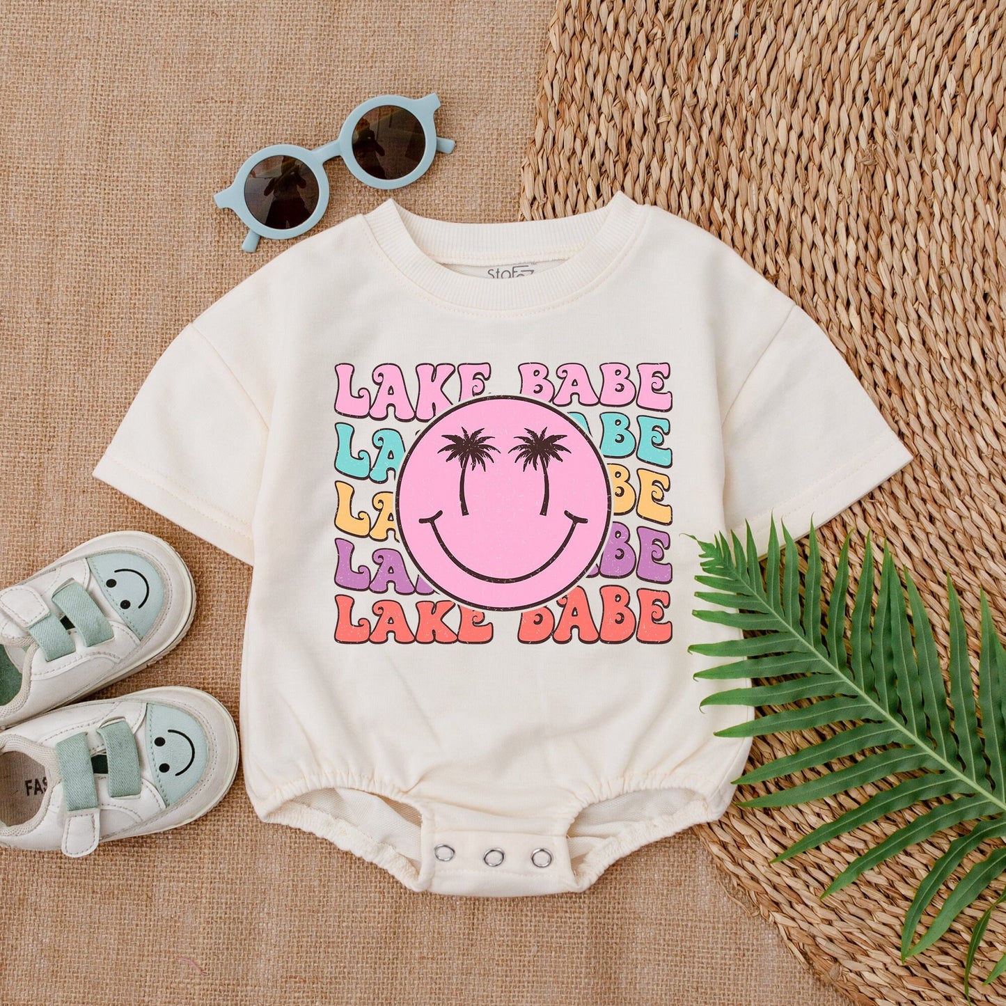 Lake Babe Baby Girl Romper Summer Outfit with Smiley Face Rainbow Pastel Design Baby Shower Gift New Baby Clothes