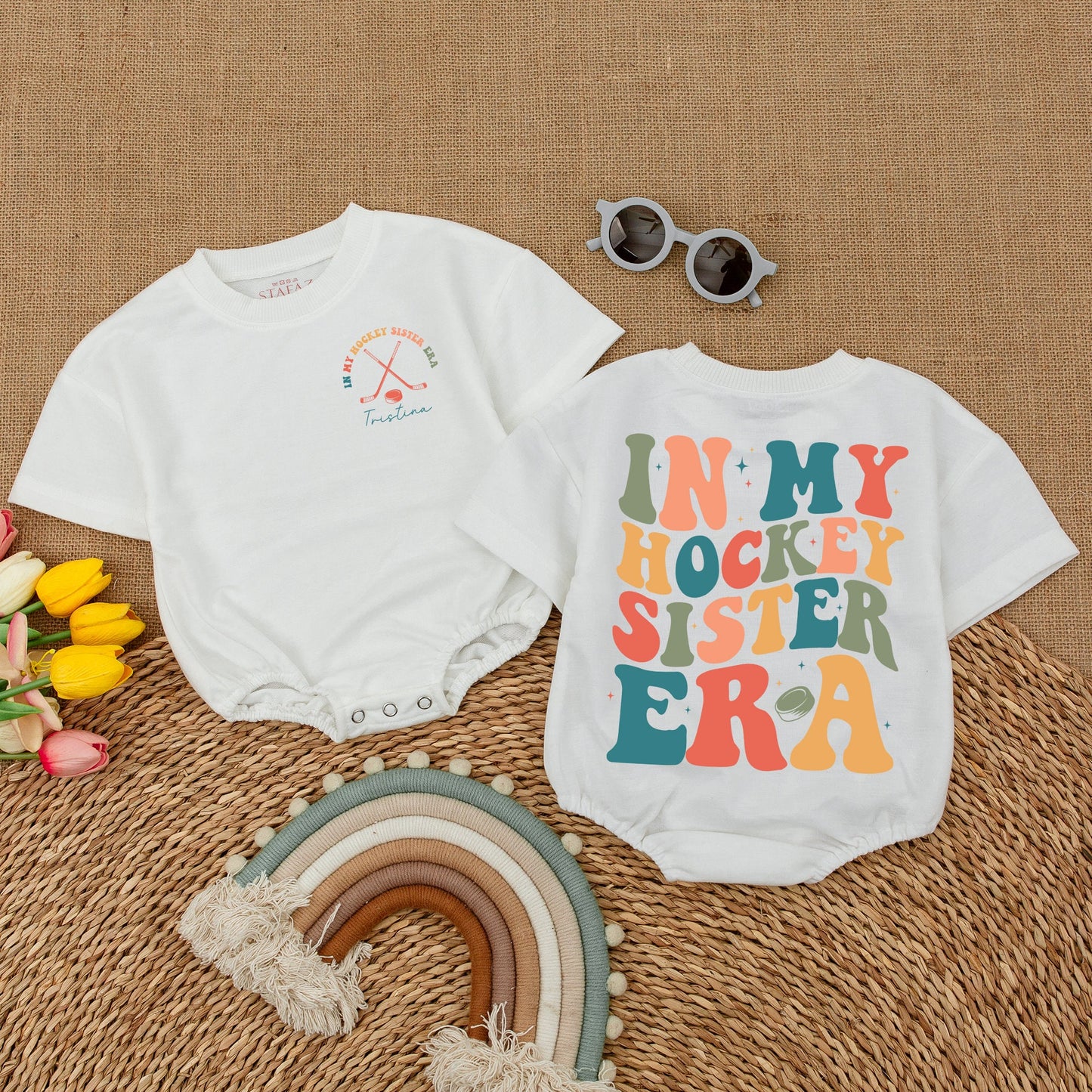 In My Hockey Sister Era Custom Romper for Baby Girl & Toddler Shirt, Hockey Sticks & Puck Design, Comfy Cotton Outfit, Baby Shower Gift