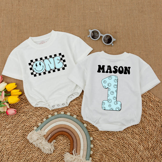 Custom Blue One Happy Dude Romper with Smiley Face Birthday Outfit for Boys, First Birthday Cake Smash Bodysuit, Matching Family Celebration