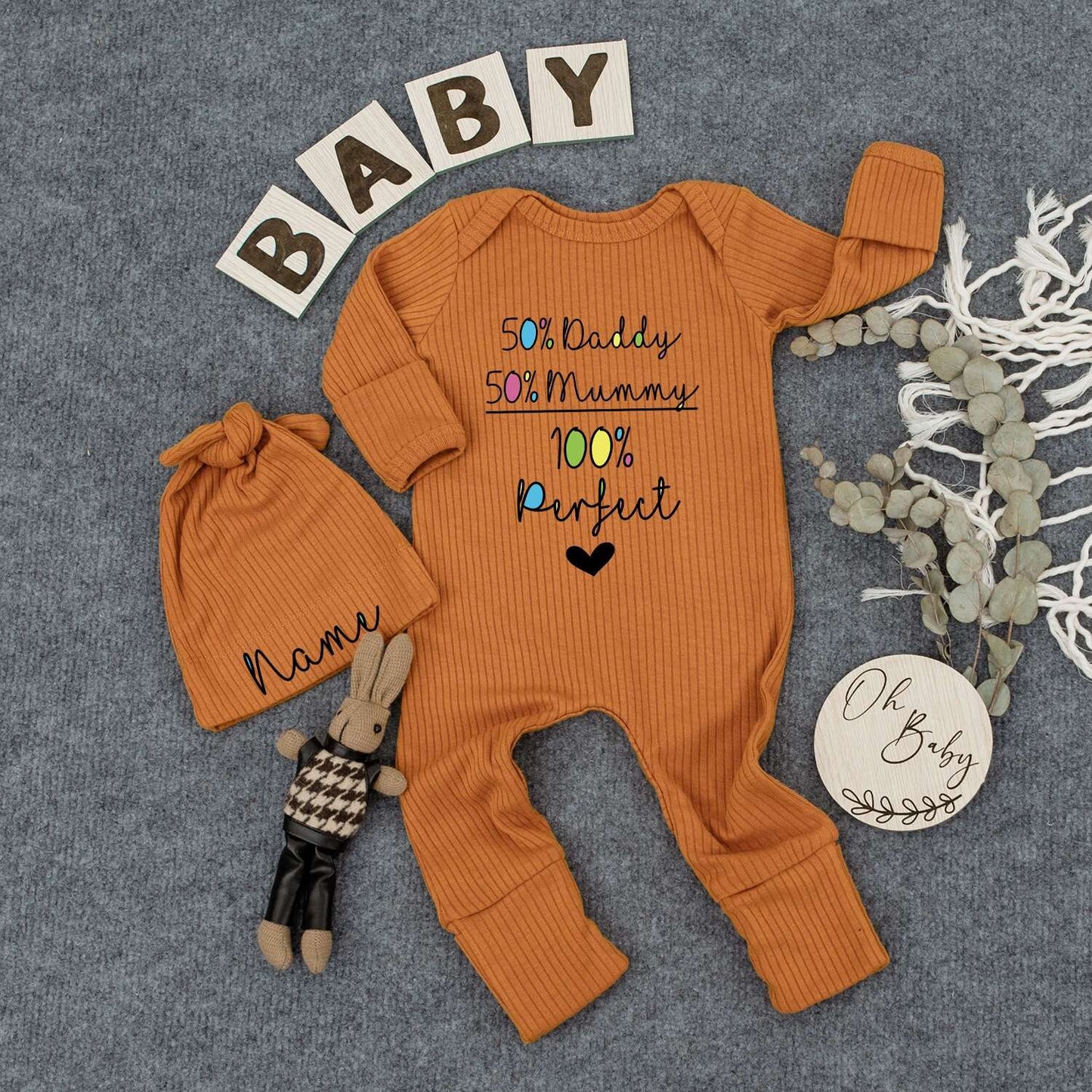 50% Daddy 50% Mummy 100% Perfect Baby Outfit Set, Personalized Newborn Gift, Custom Name Beanie & Romper, Cute Kid